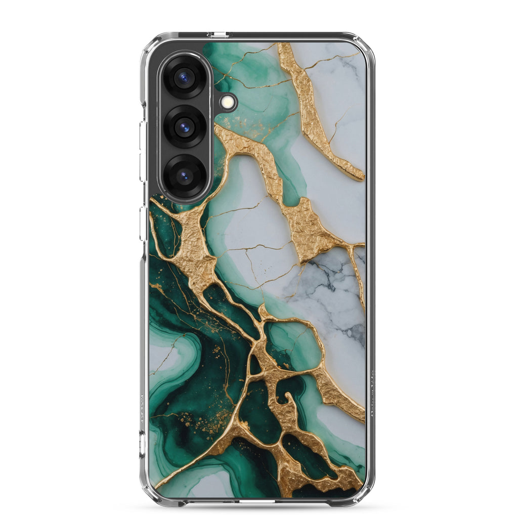Emerald Green Marble Gold Veins Clear Case for Samsung Galaxy S25 Plus – Luxury Stone Protective Cover