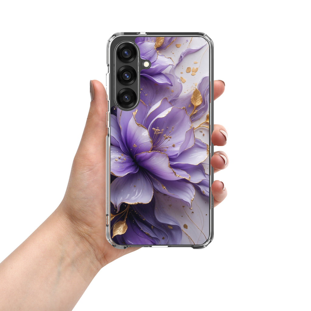 Purple Floral Gold Clear Case for Samsung Galaxy S25 Plus – Elegant Flower Protective Cover