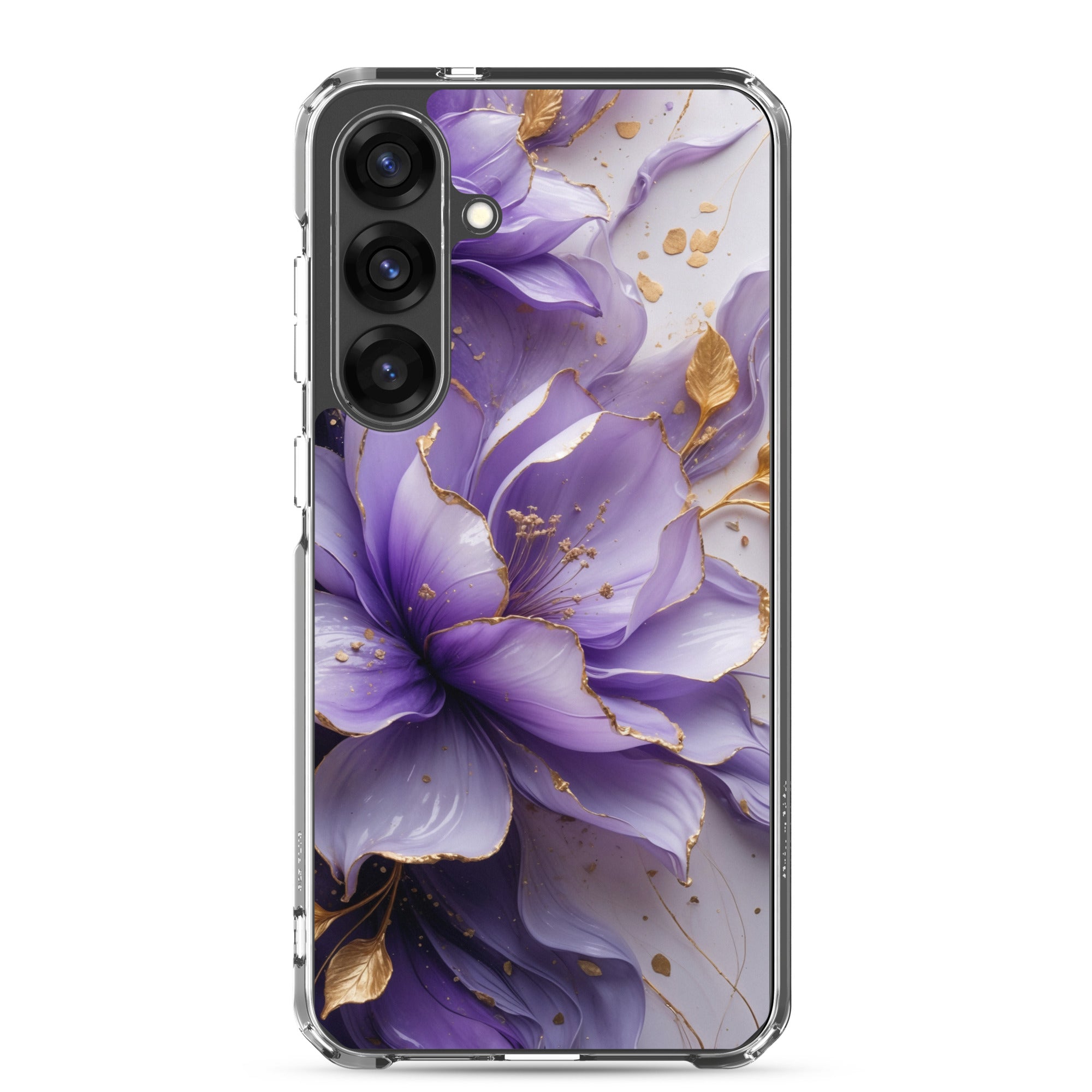 Purple Floral Gold Clear Case for Samsung Galaxy S25 Plus – Elegant Flower Protective Cover