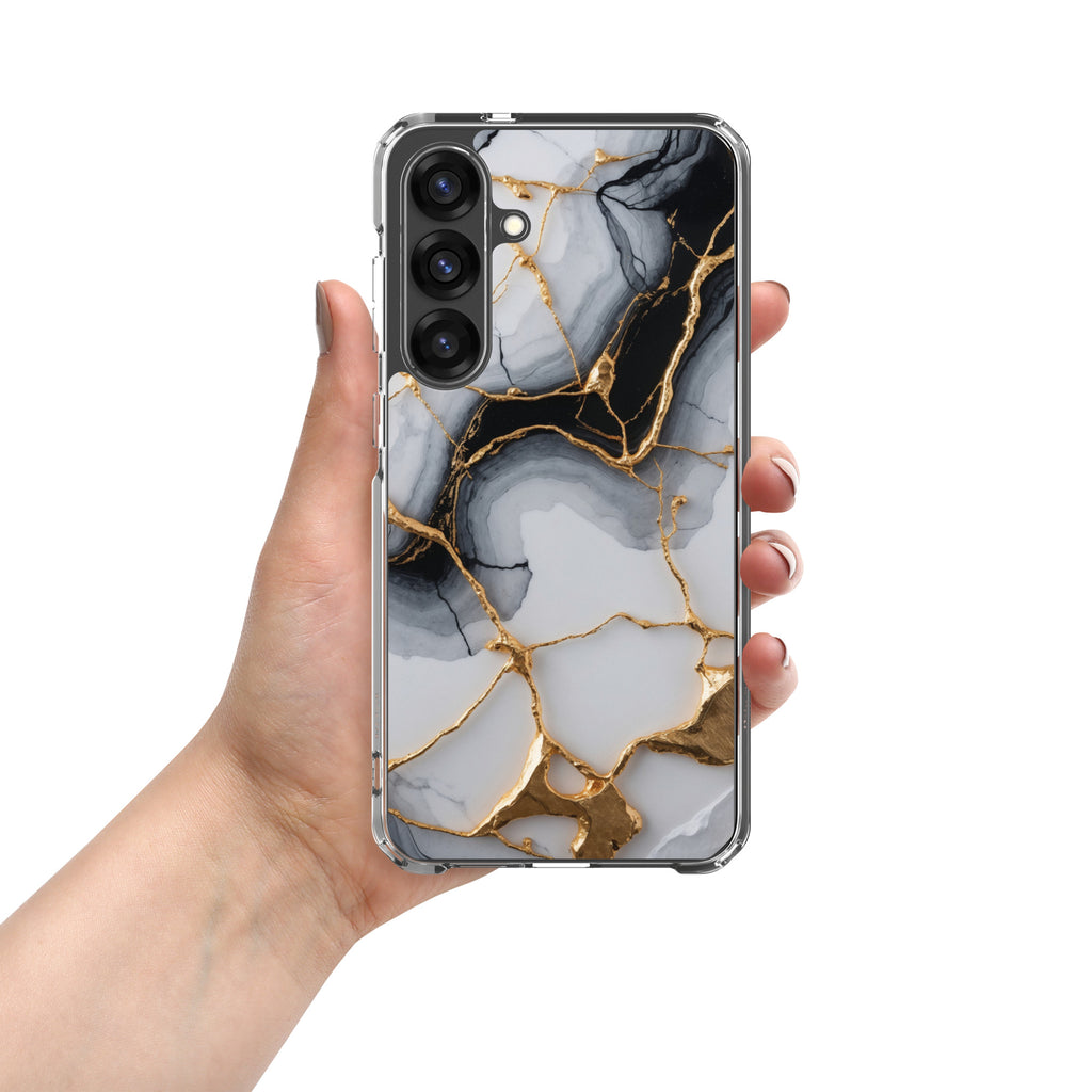 Black & White Marble Gold Clear Case for Samsung Galaxy S25 Plus – Elegant Marble Protective Cover