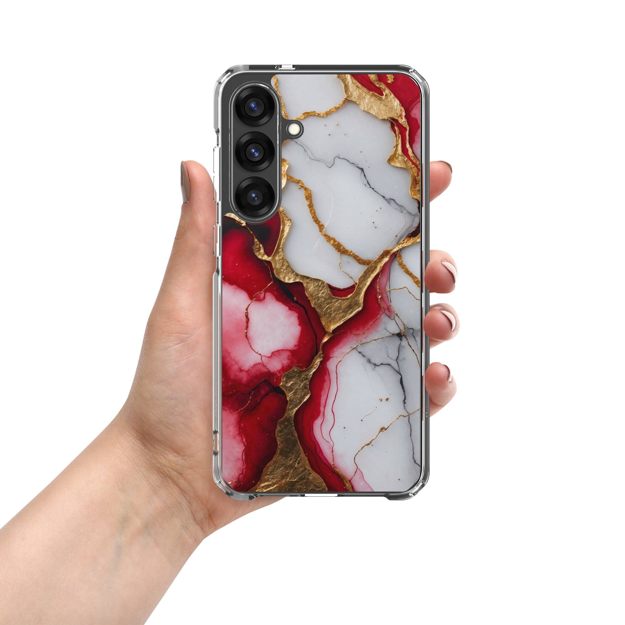 Red Marble Gold Veins Clear Case for Samsung Galaxy S25 Plus – Luxury Abstract Protective Cover