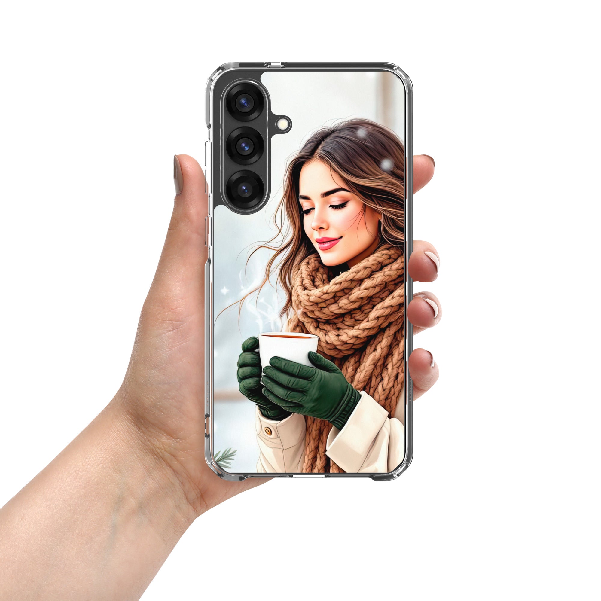 Winter Coffee Moment Clear Case for Samsung Galaxy S25 Plus – Cozy Portrait Protective Cover