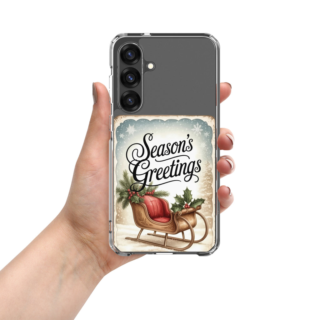 Season’s Greetings Sleigh Clear Case for Samsung Galaxy S25 Plus – Vintage Christmas Protective Cover