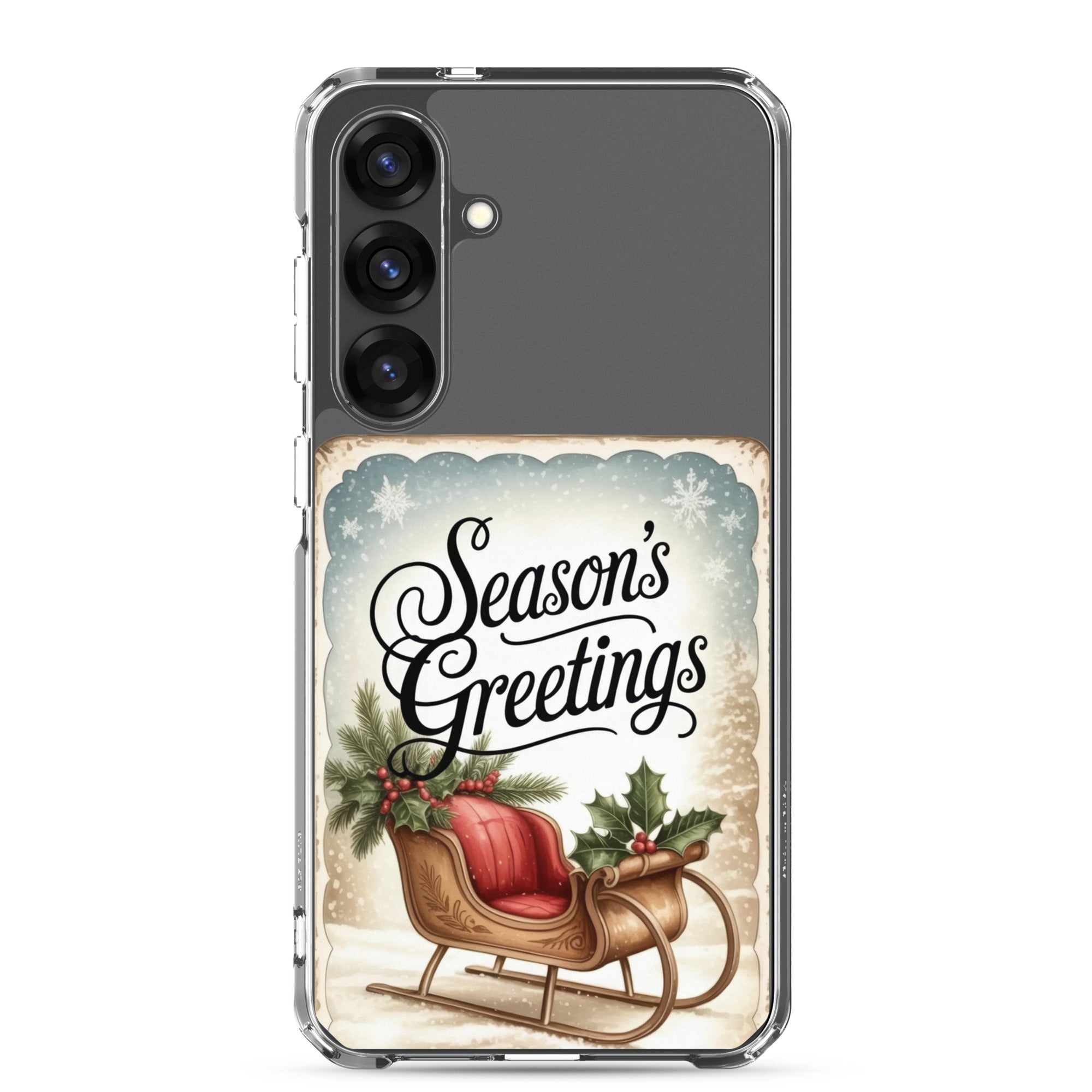 Season’s Greetings Sleigh Clear Case for Samsung Galaxy S25 Plus – Vintage Christmas Protective Cover
