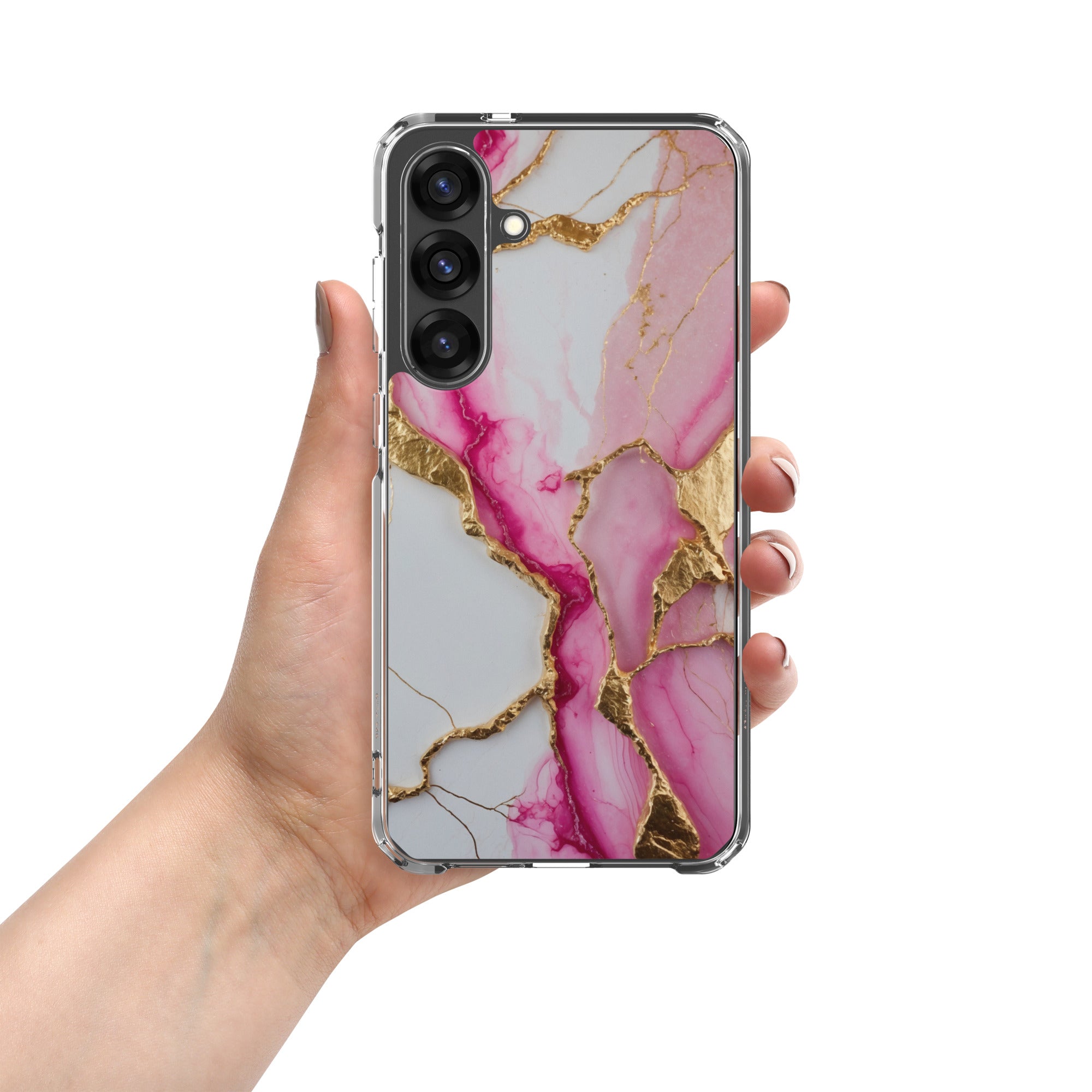 Pink Marble Gold Veins Clear Case for Samsung Galaxy S25 Plus – Elegant Stone Protective Cover