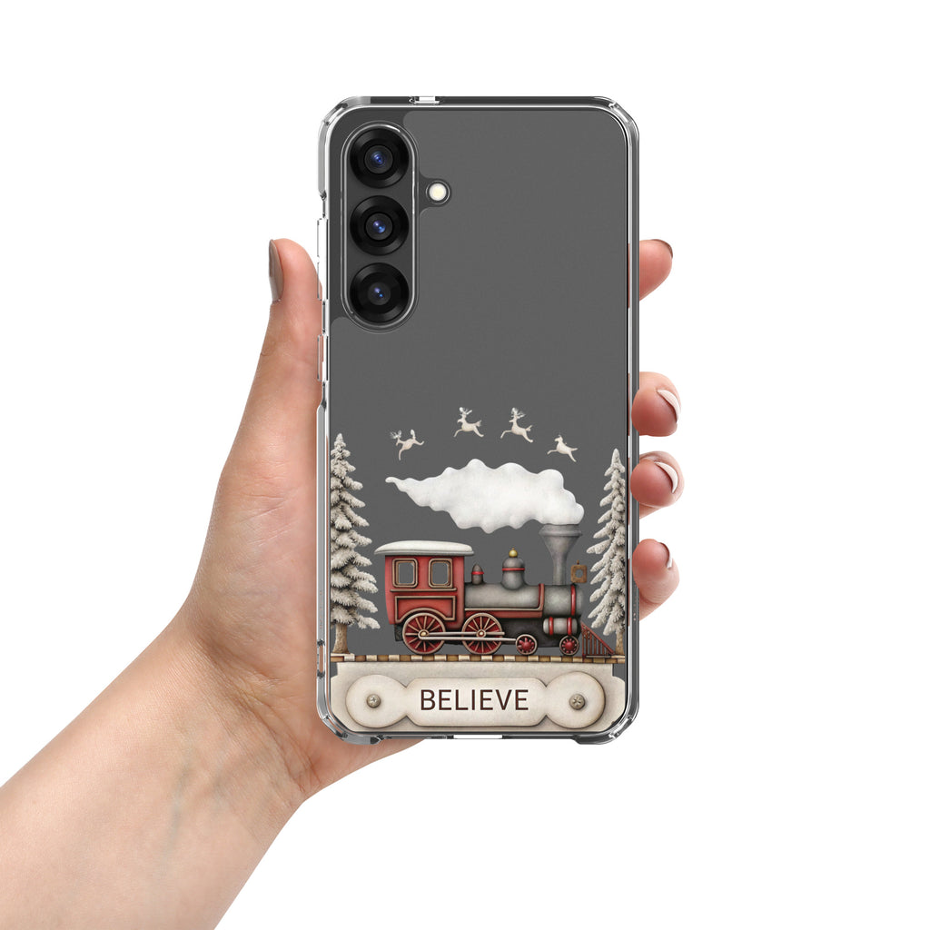 Believe Winter Train Clear Case for Samsung Galaxy S25 Plus – Minimal Christmas Protective Cover