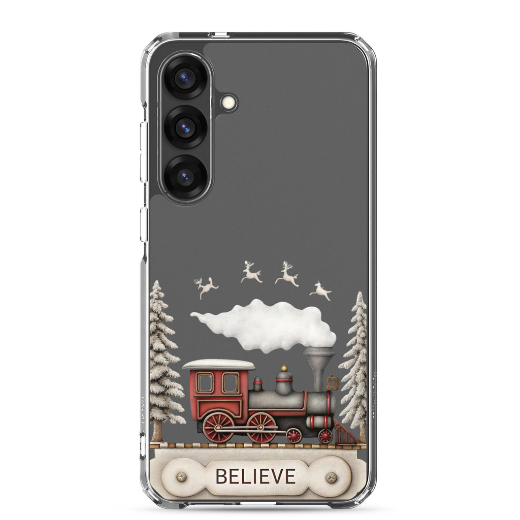 Believe Winter Train Clear Case for Samsung Galaxy S25 Plus – Minimal Christmas Protective Cover