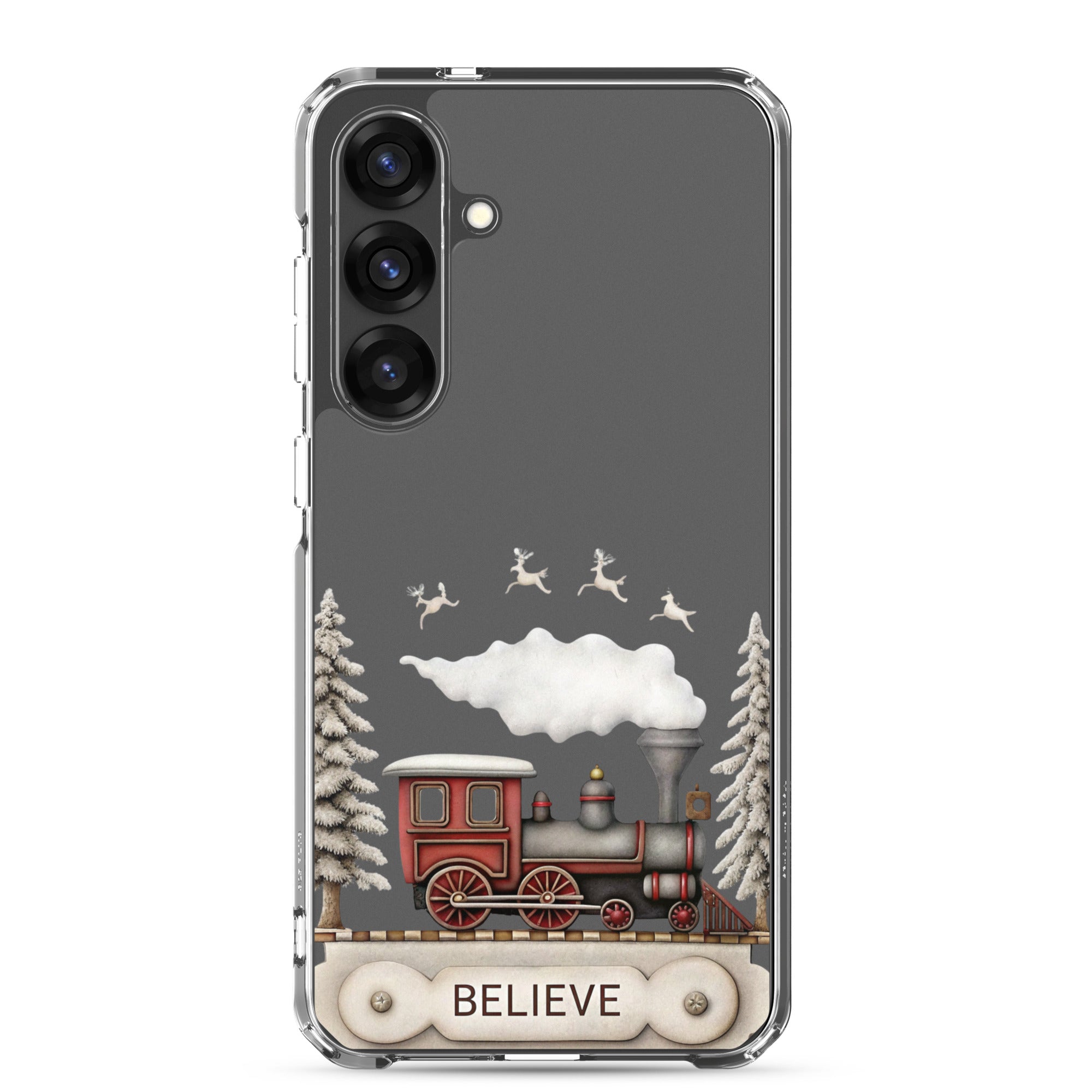 Believe Winter Train Clear Case for Samsung Galaxy S25 Plus – Minimal Christmas Protective Cover