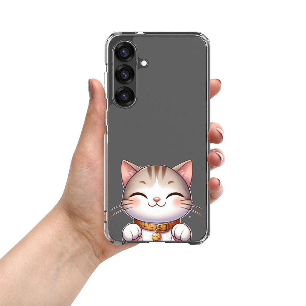 Cute Smiling Cat Clear Case for Samsung Galaxy S25 Plus – Minimal Kawaii Protective Cover