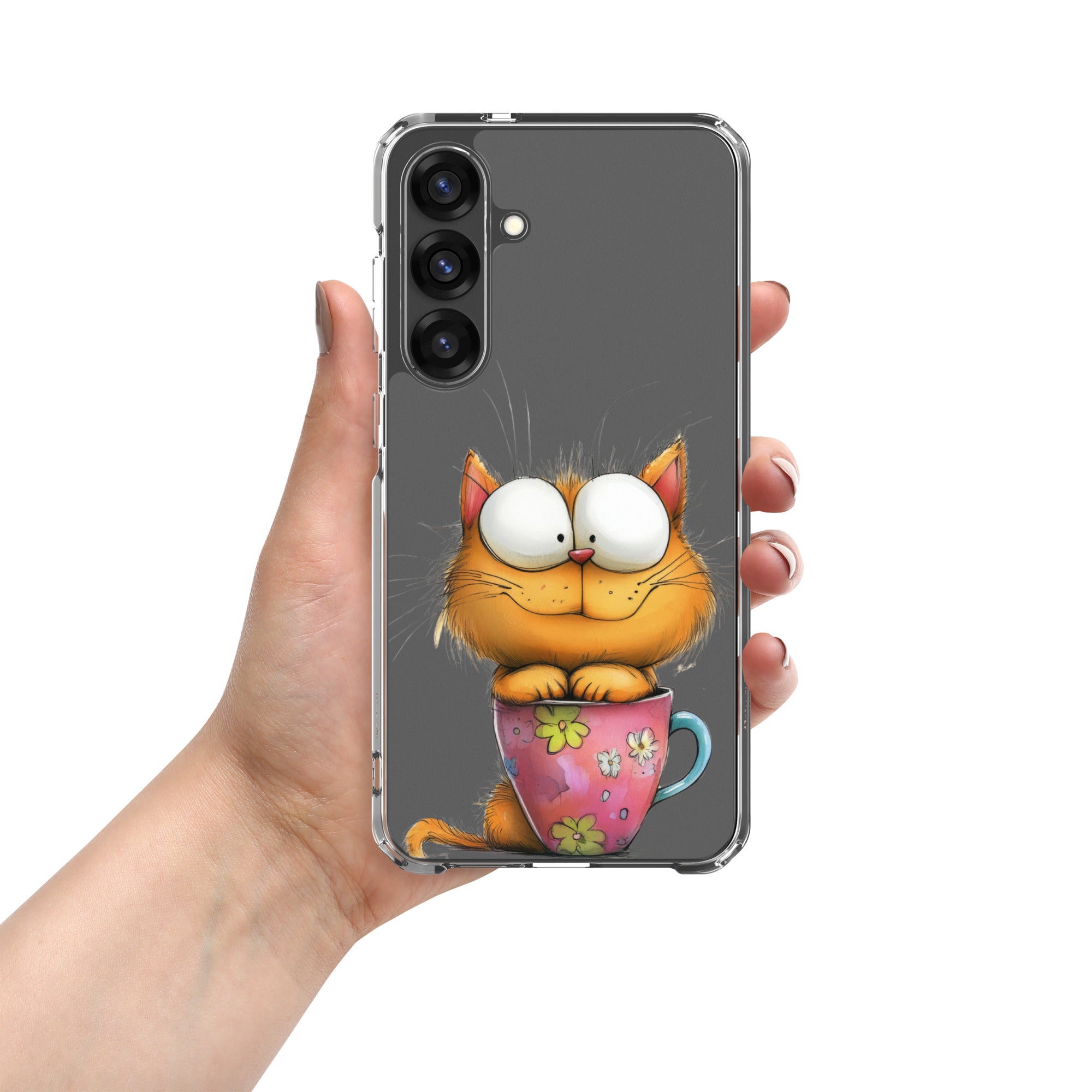 Cute Cat in a Cup Clear Case for Samsung Galaxy S25 Plus – Playful Illustrated Protective Cover