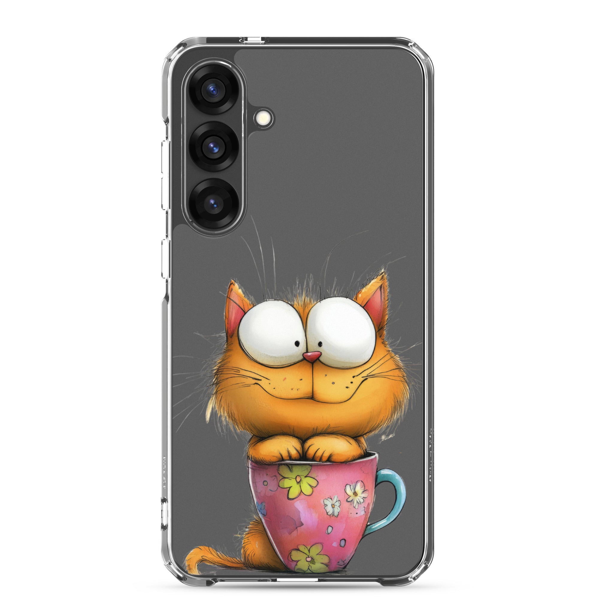 Cute Cat in a Cup Clear Case for Samsung Galaxy S25 Plus – Playful Illustrated Protective Cover