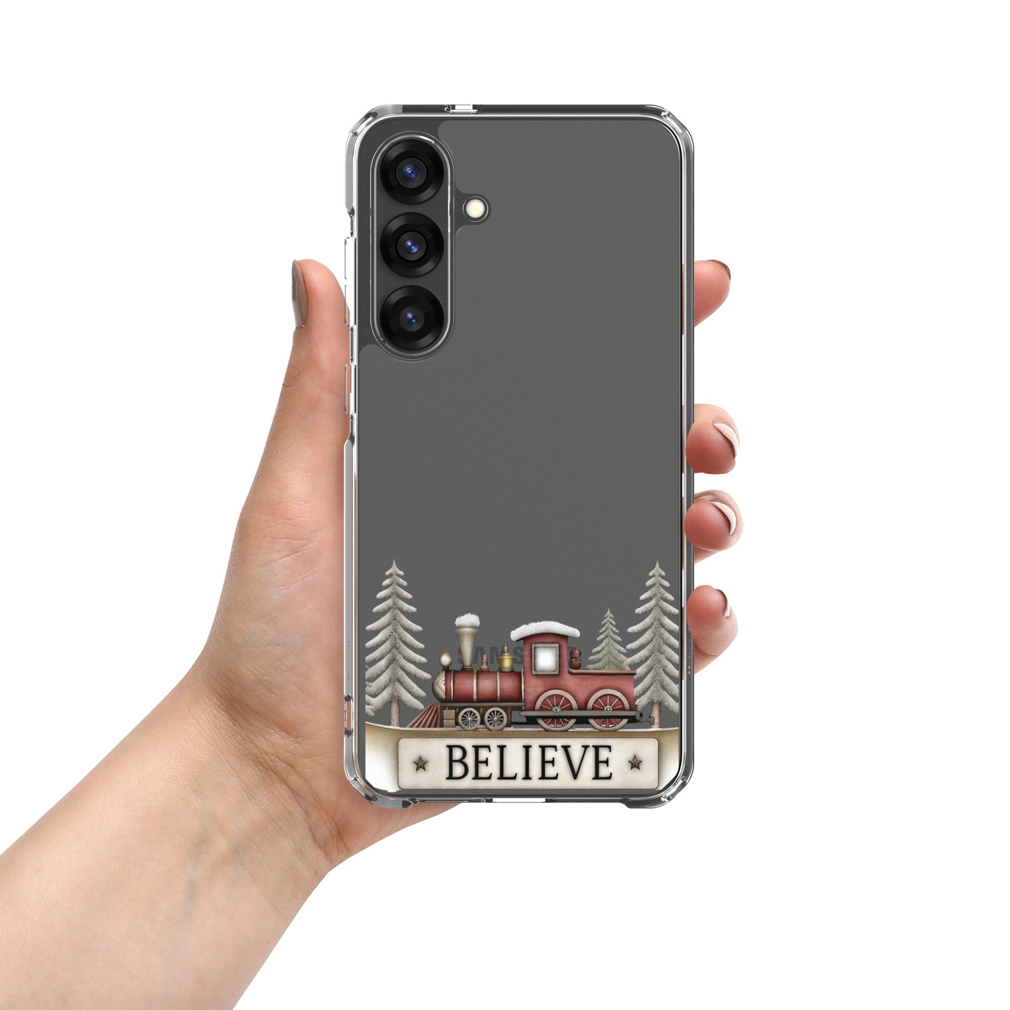 Believe Christmas Train Clear Case for Samsung Galaxy S25 Plus – Festive Holiday Protective Cover