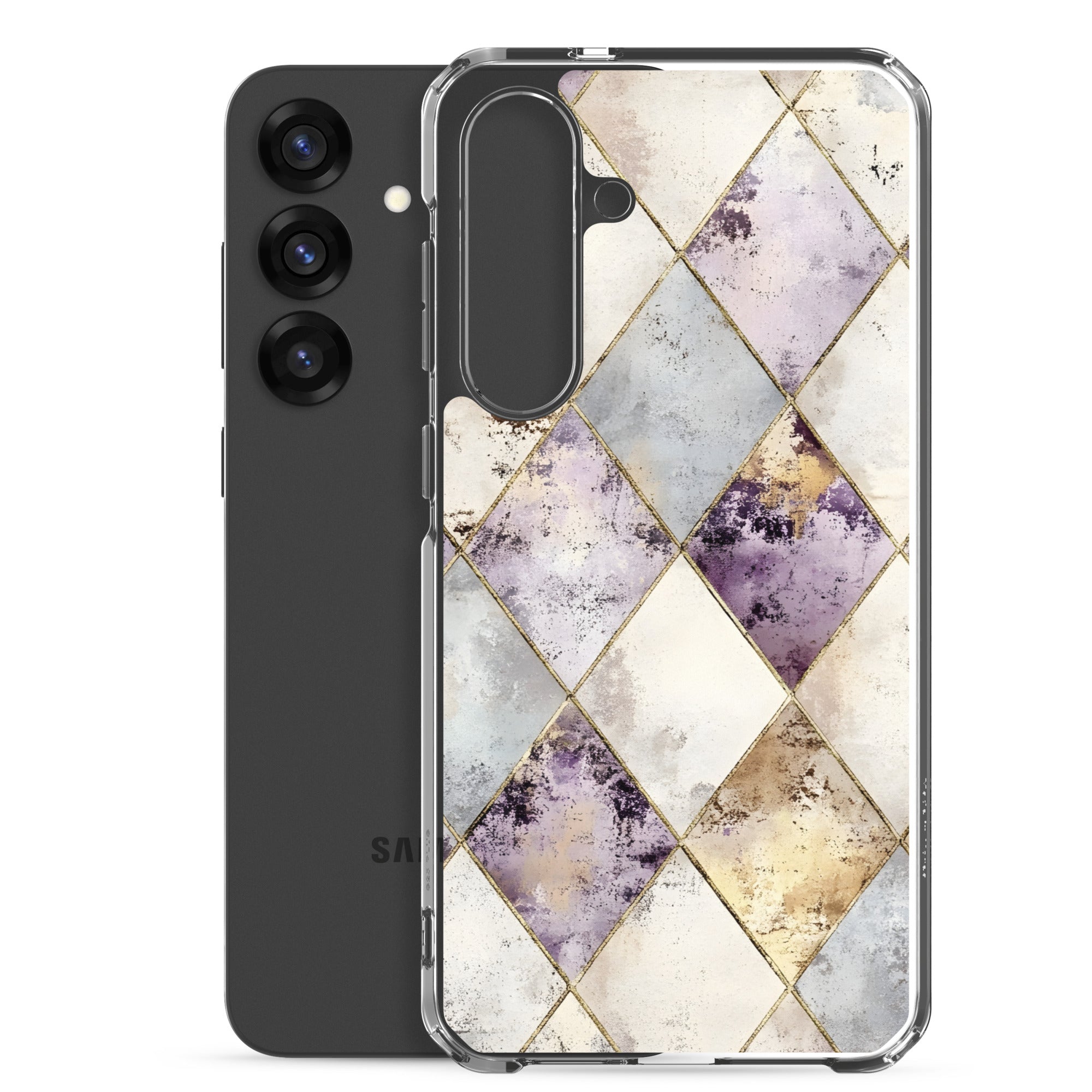 Golden Harlequin Damask Clear Case for Samsung Galaxy S25 Plus – Elegant Geometric Gold Pattern Protective Cover