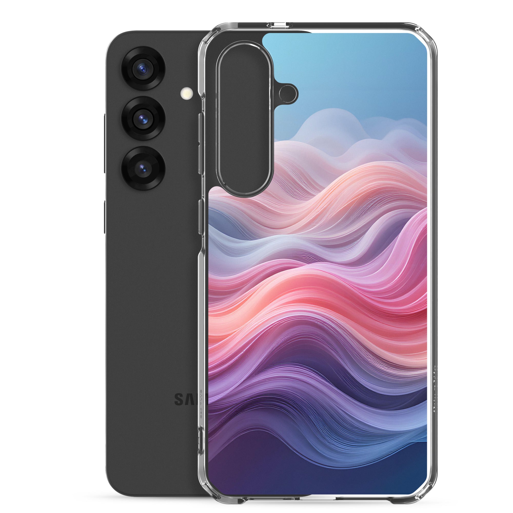 Abstract Pink & Blue Waves Dream Clear Case for Samsung Galaxy S25 Plus – Modern Gradient Protective Cover