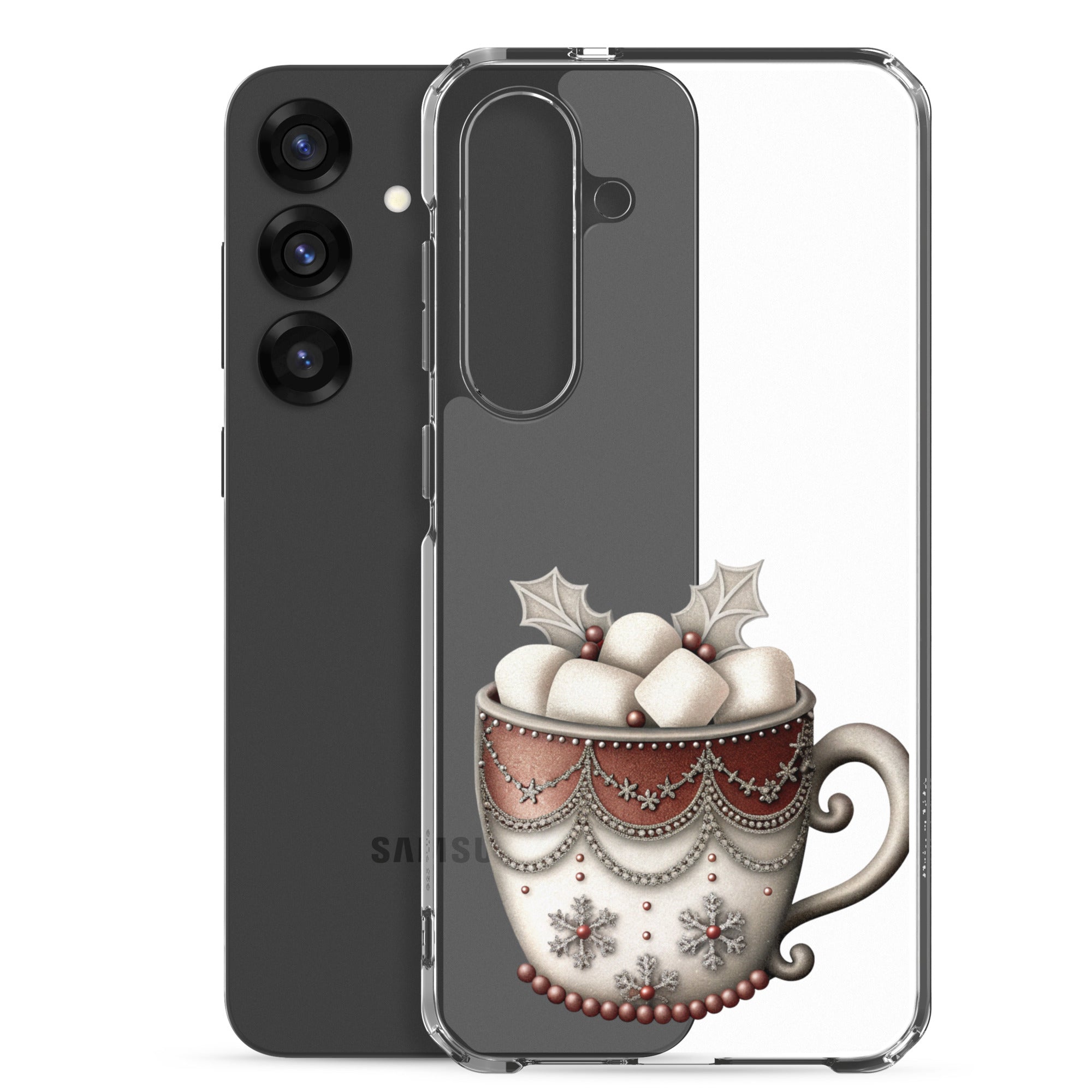 Festive Winter Mug Clear Case for Samsung Galaxy S25 Plus – Cozy Holiday Hot Cocoa Protective Cover