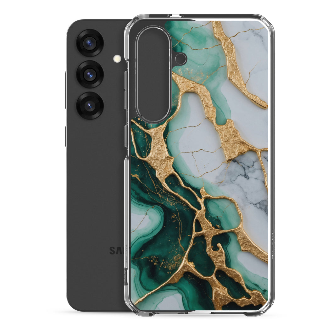 Emerald Green Marble Gold Veins Clear Case for Samsung Galaxy S25 Plus – Luxury Stone Protective Cover