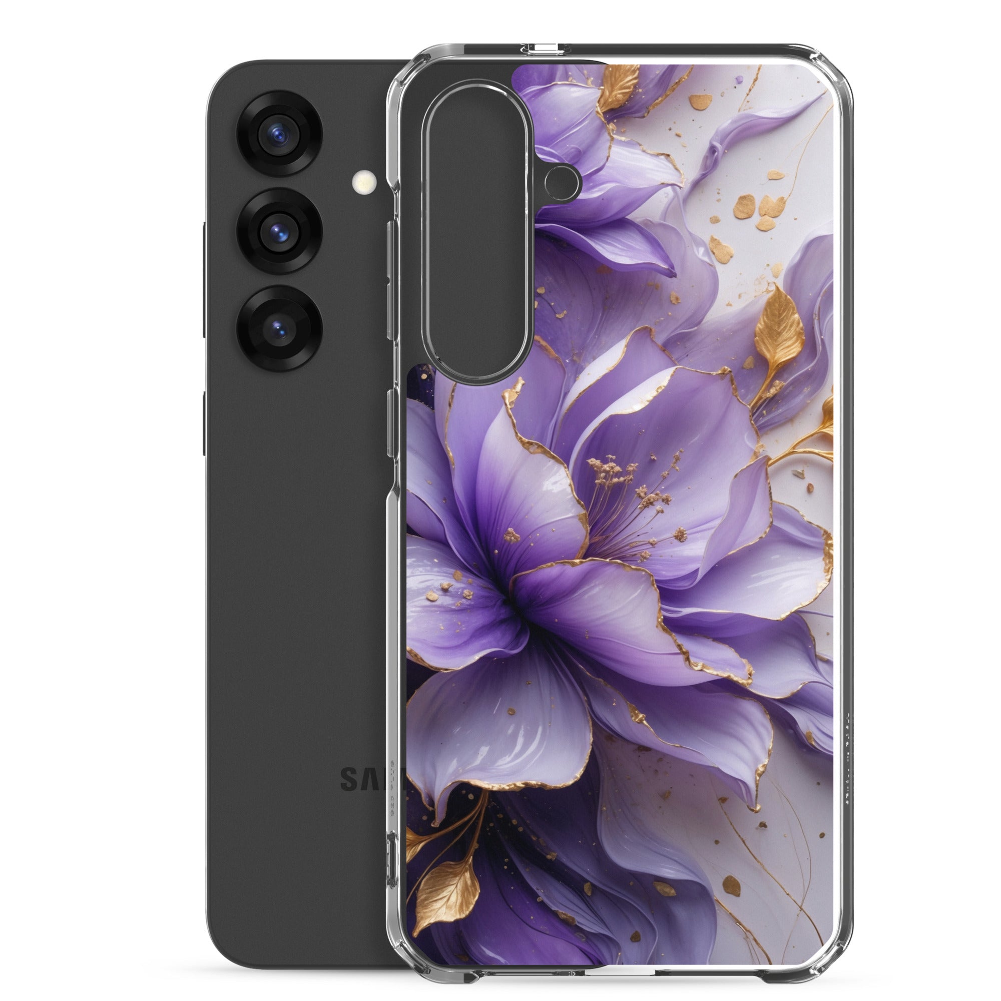 Purple Floral Gold Clear Case for Samsung Galaxy S25 Plus – Elegant Flower Protective Cover