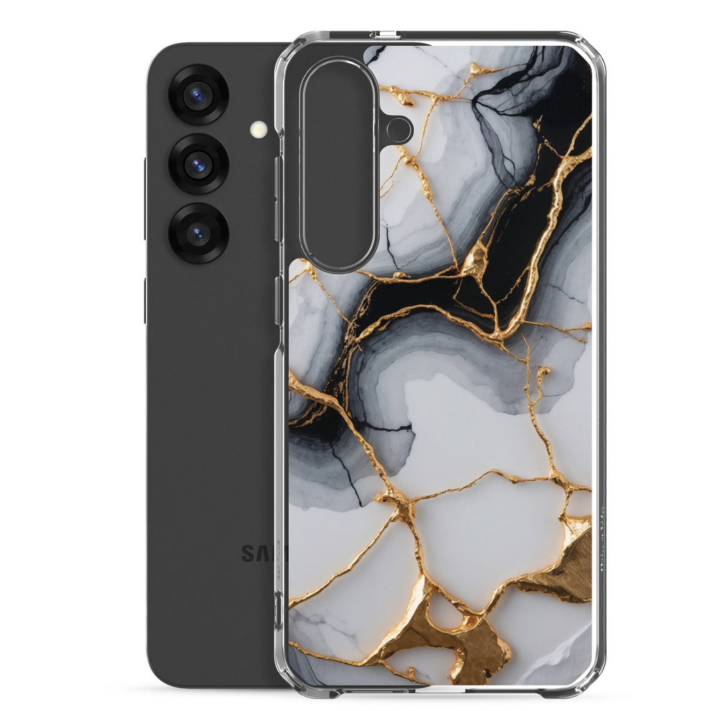 Black & White Marble Gold Clear Case for Samsung Galaxy S25 Plus – Elegant Marble Protective Cover