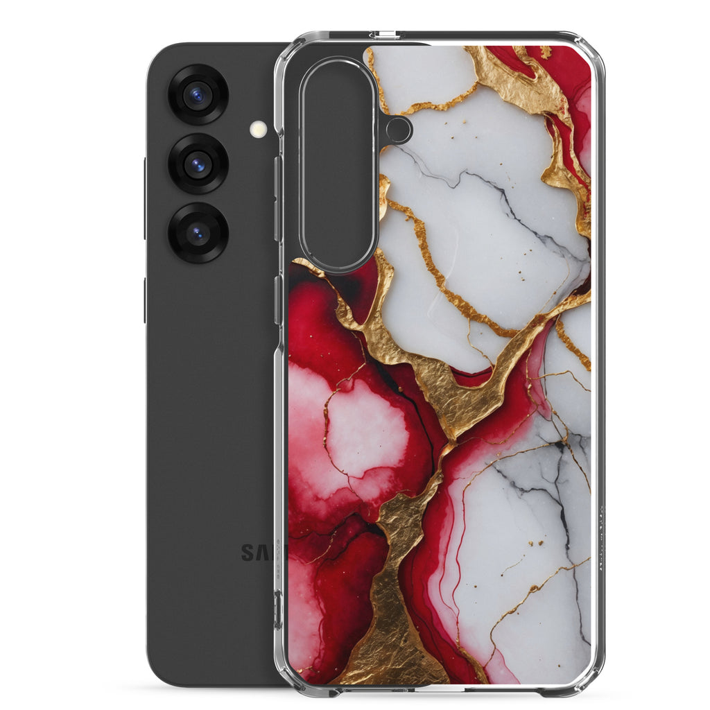 Red Marble Gold Veins Clear Case for Samsung Galaxy S25 Plus – Luxury Abstract Protective Cover