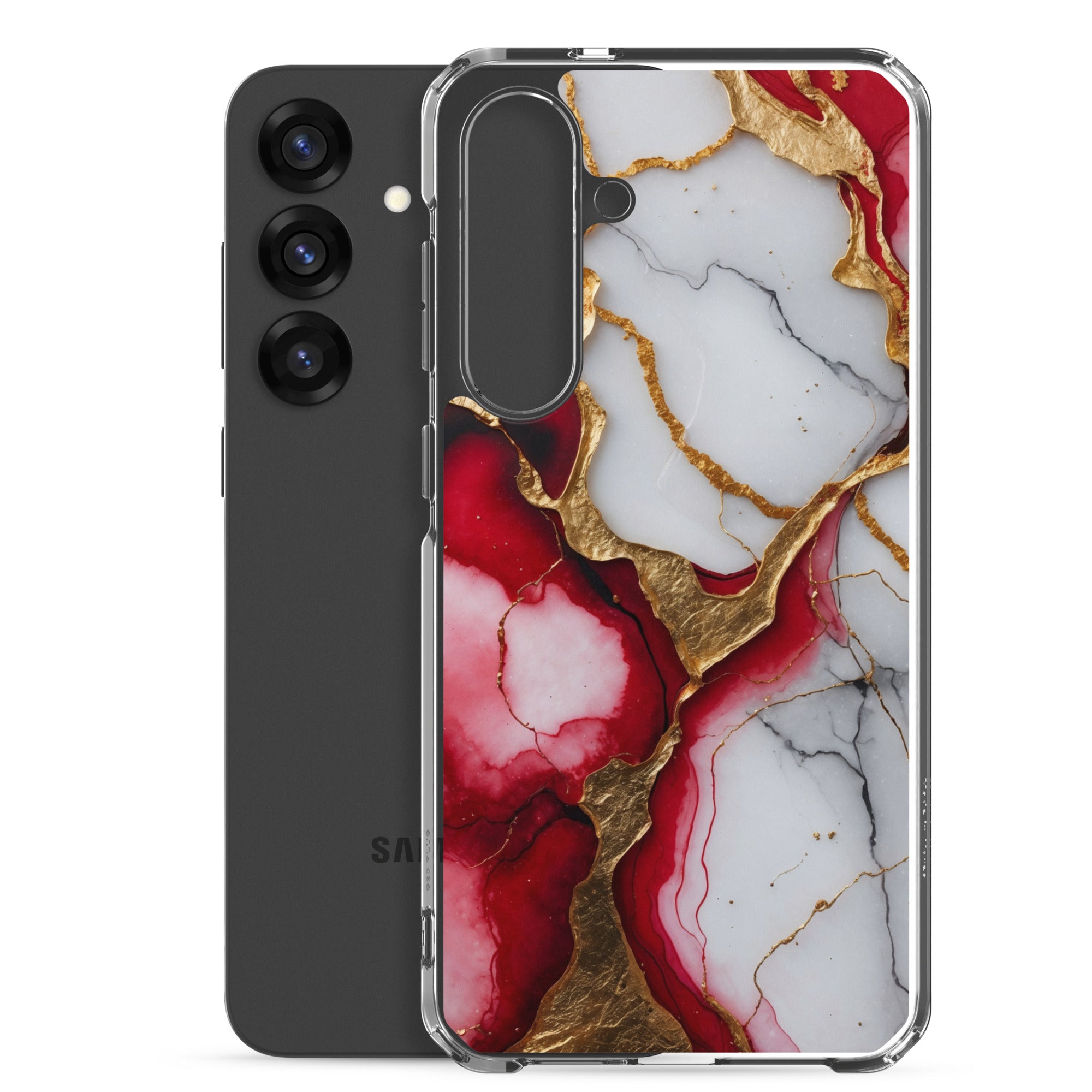 Red Marble Gold Veins Clear Case for Samsung Galaxy S25 Plus – Luxury Abstract Protective Cover