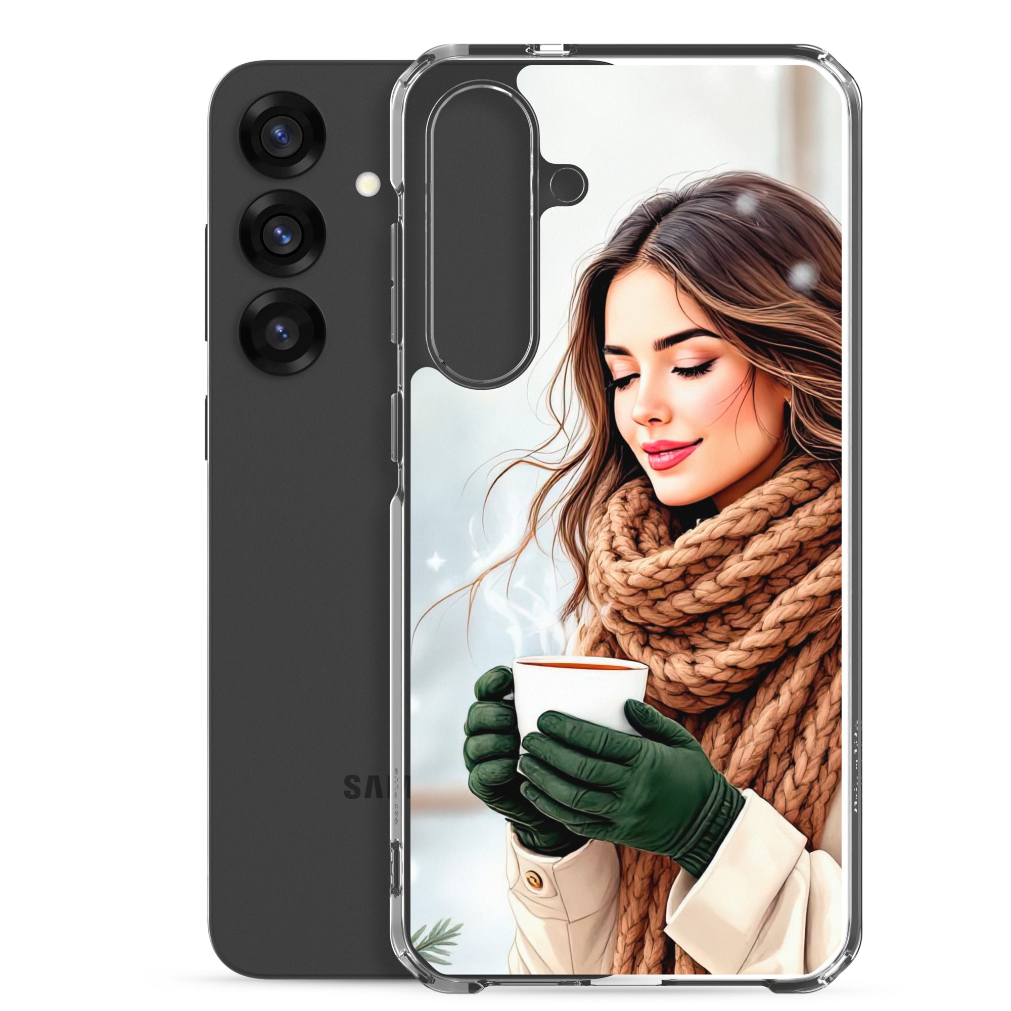 Winter Coffee Moment Clear Case for Samsung Galaxy S25 Plus – Cozy Portrait Protective Cover