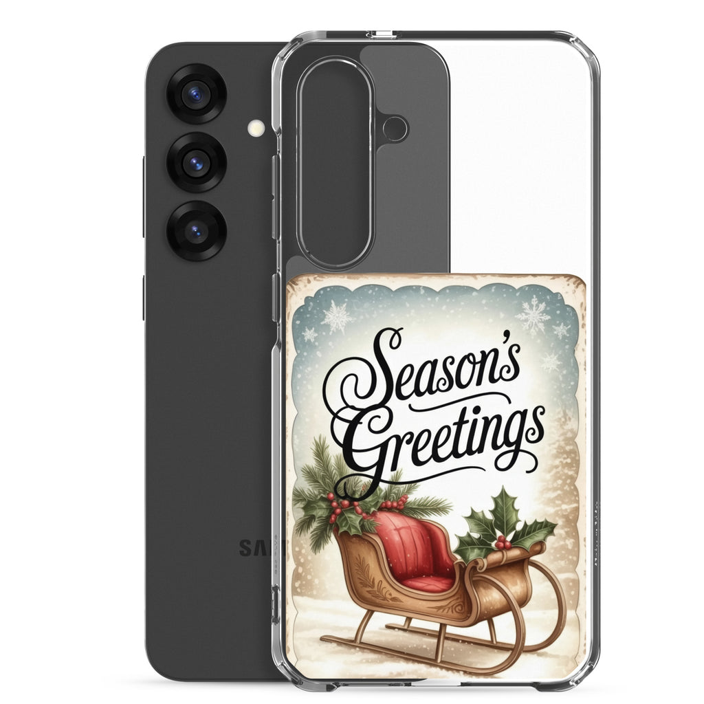 Season’s Greetings Sleigh Clear Case for Samsung Galaxy S25 Plus – Vintage Christmas Protective Cover