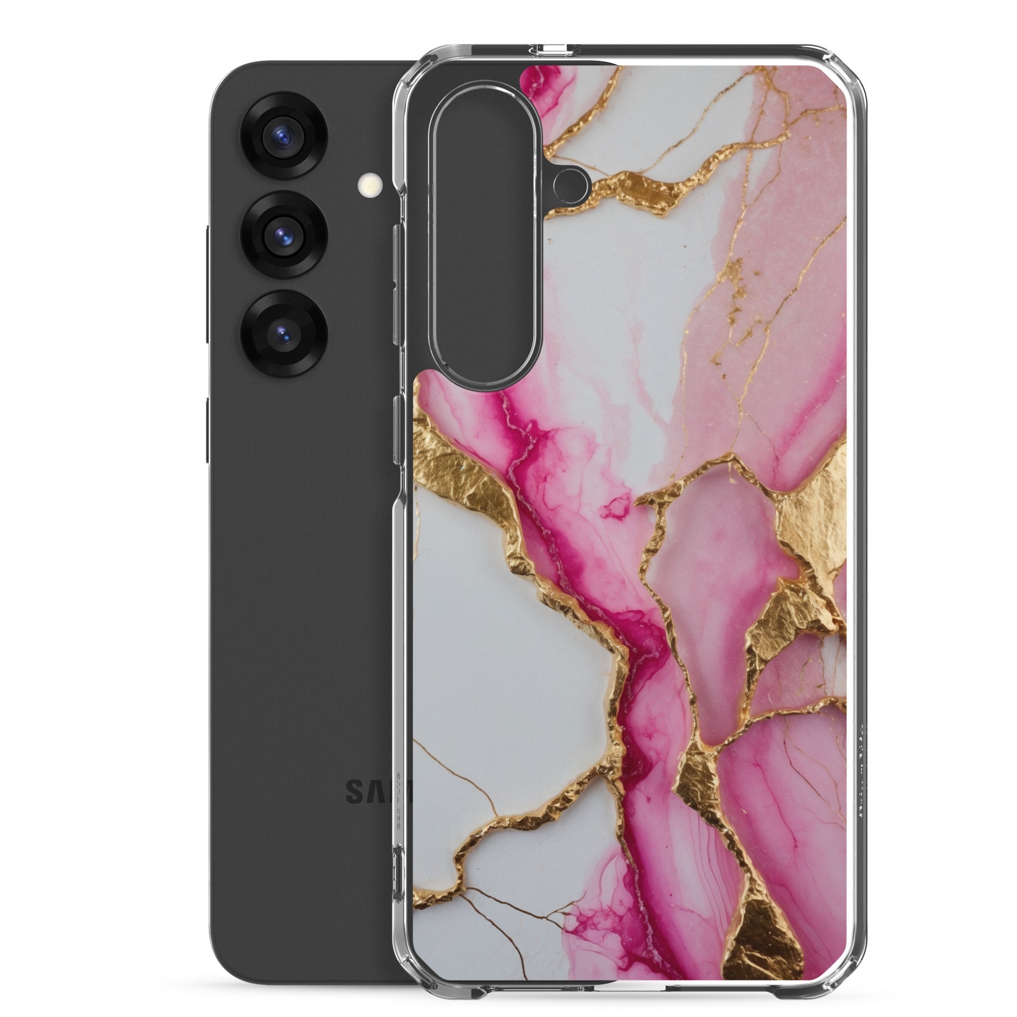 Pink Marble Gold Veins Clear Case for Samsung Galaxy S25 Plus – Elegant Stone Protective Cover