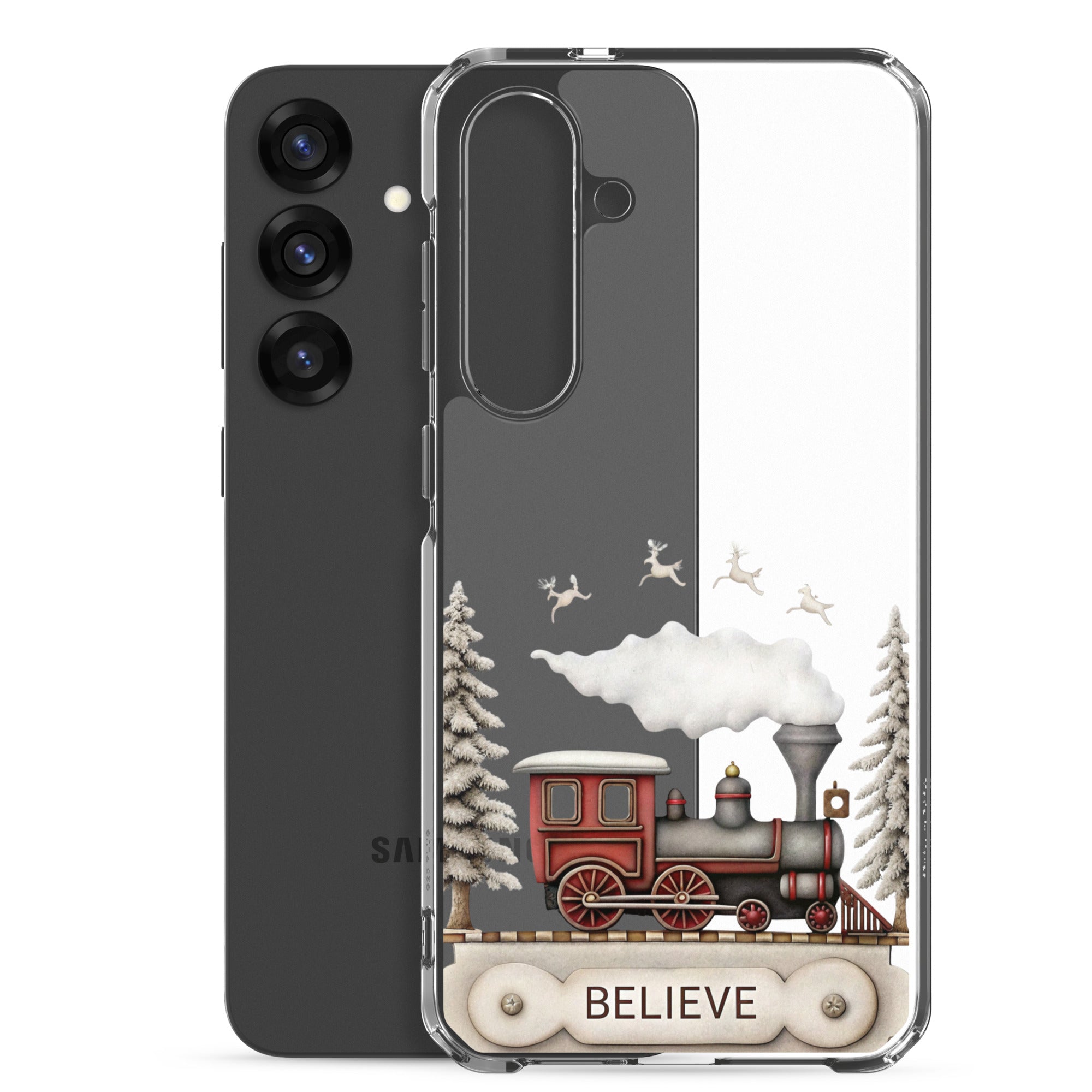 Believe Winter Train Clear Case for Samsung Galaxy S25 Plus – Minimal Christmas Protective Cover