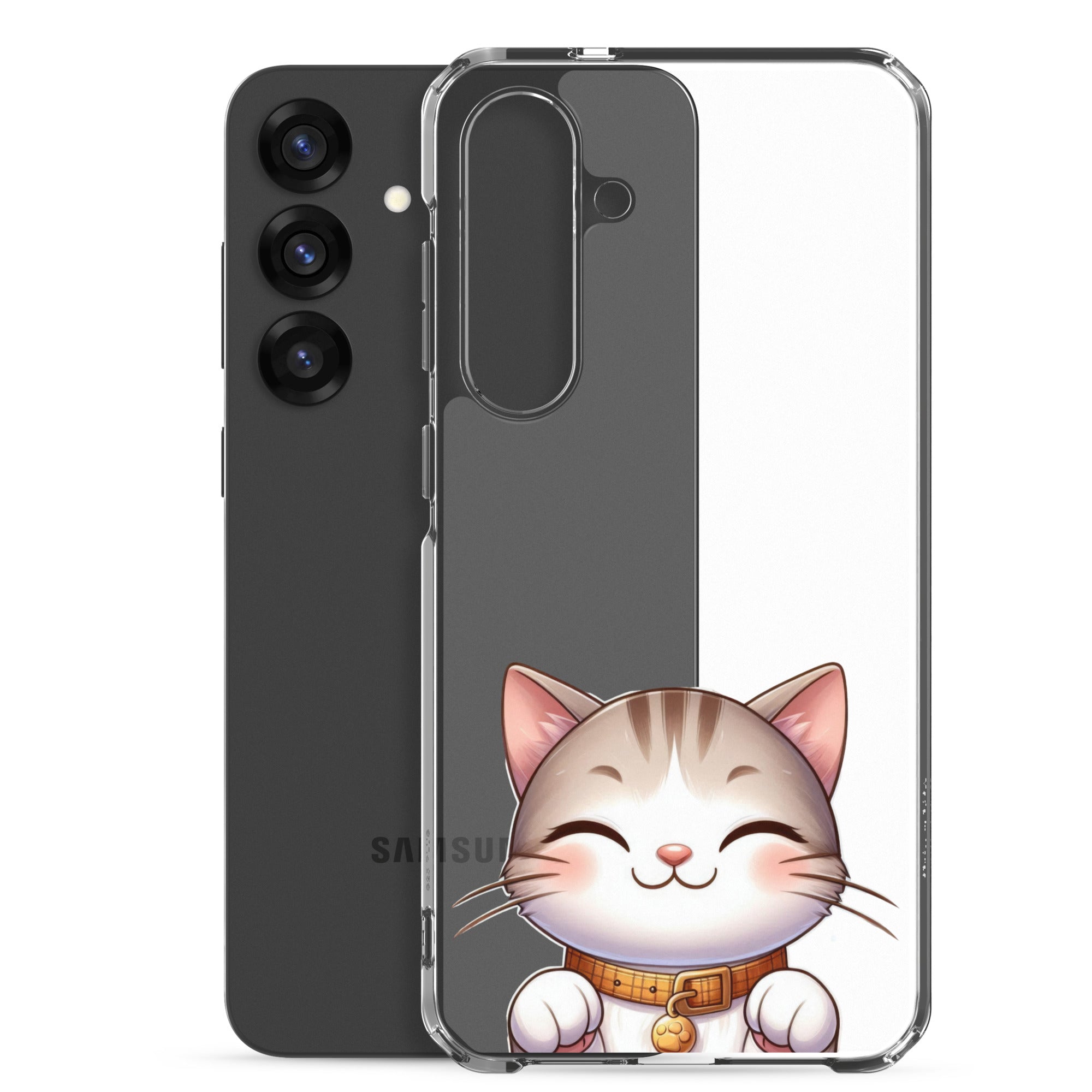 Cute Smiling Cat Clear Case for Samsung Galaxy S25 Plus – Minimal Kawaii Protective Cover