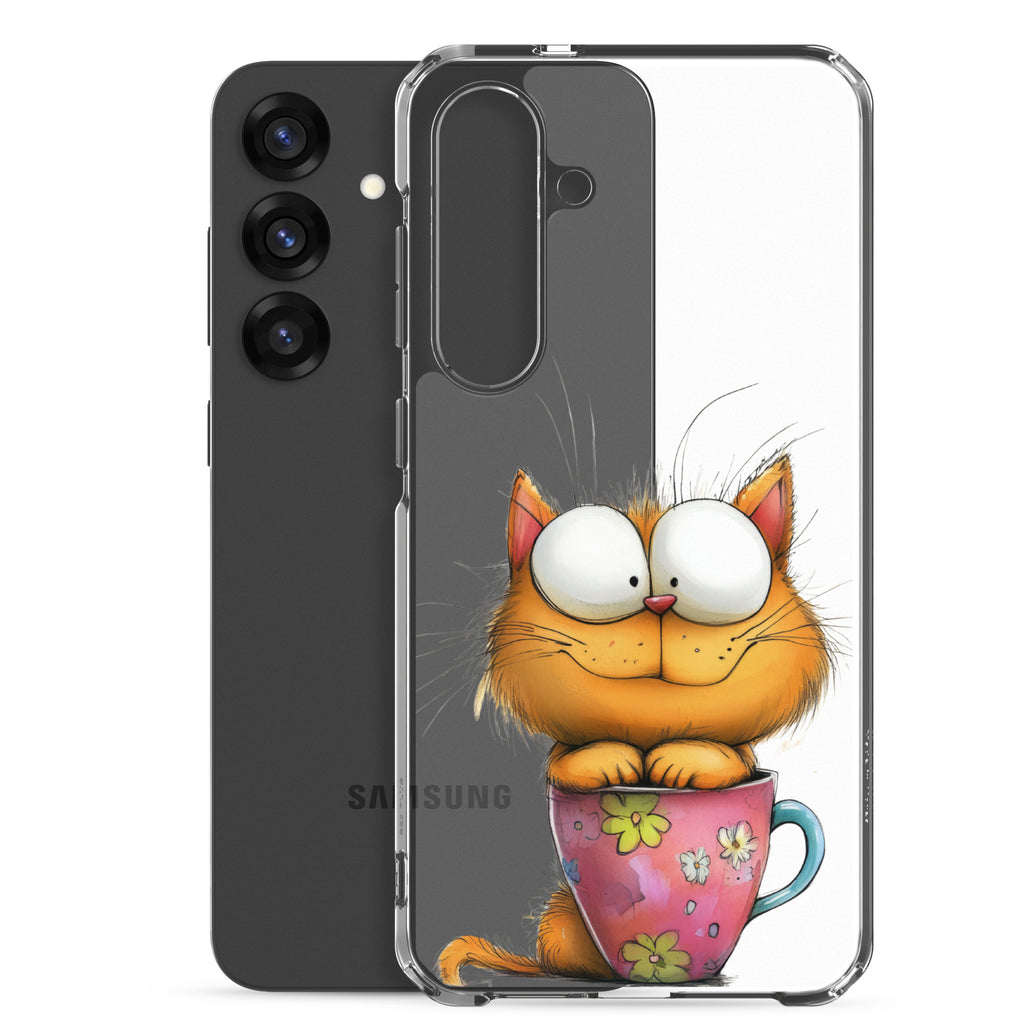 Cute Cat in a Cup Clear Case for Samsung Galaxy S25 Plus – Playful Illustrated Protective Cover