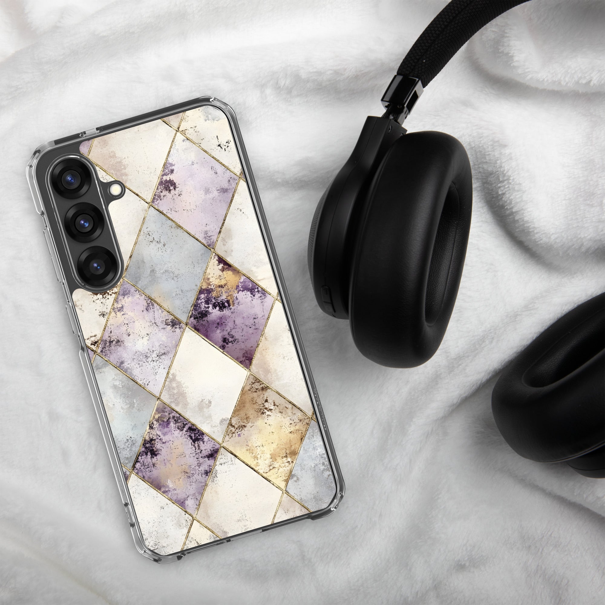 Golden Harlequin Damask Clear Case for Samsung Galaxy S25 Plus – Elegant Geometric Gold Pattern Protective Cover