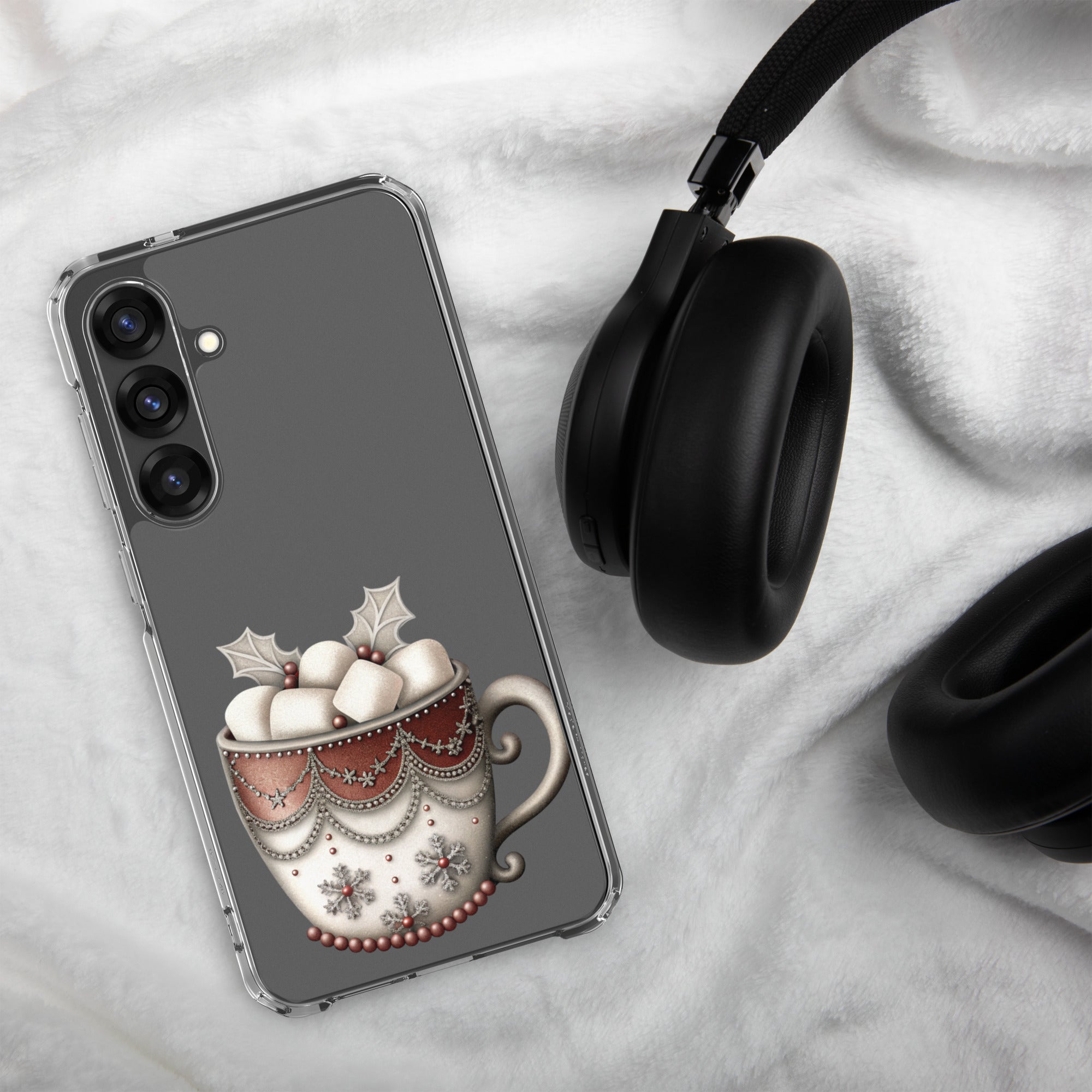 Festive Winter Mug Clear Case for Samsung Galaxy S25 Plus – Cozy Holiday Hot Cocoa Protective Cover