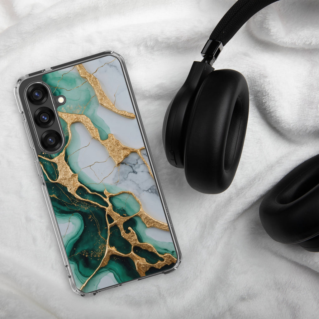 Emerald Green Marble Gold Veins Clear Case for Samsung Galaxy S25 Plus – Luxury Stone Protective Cover