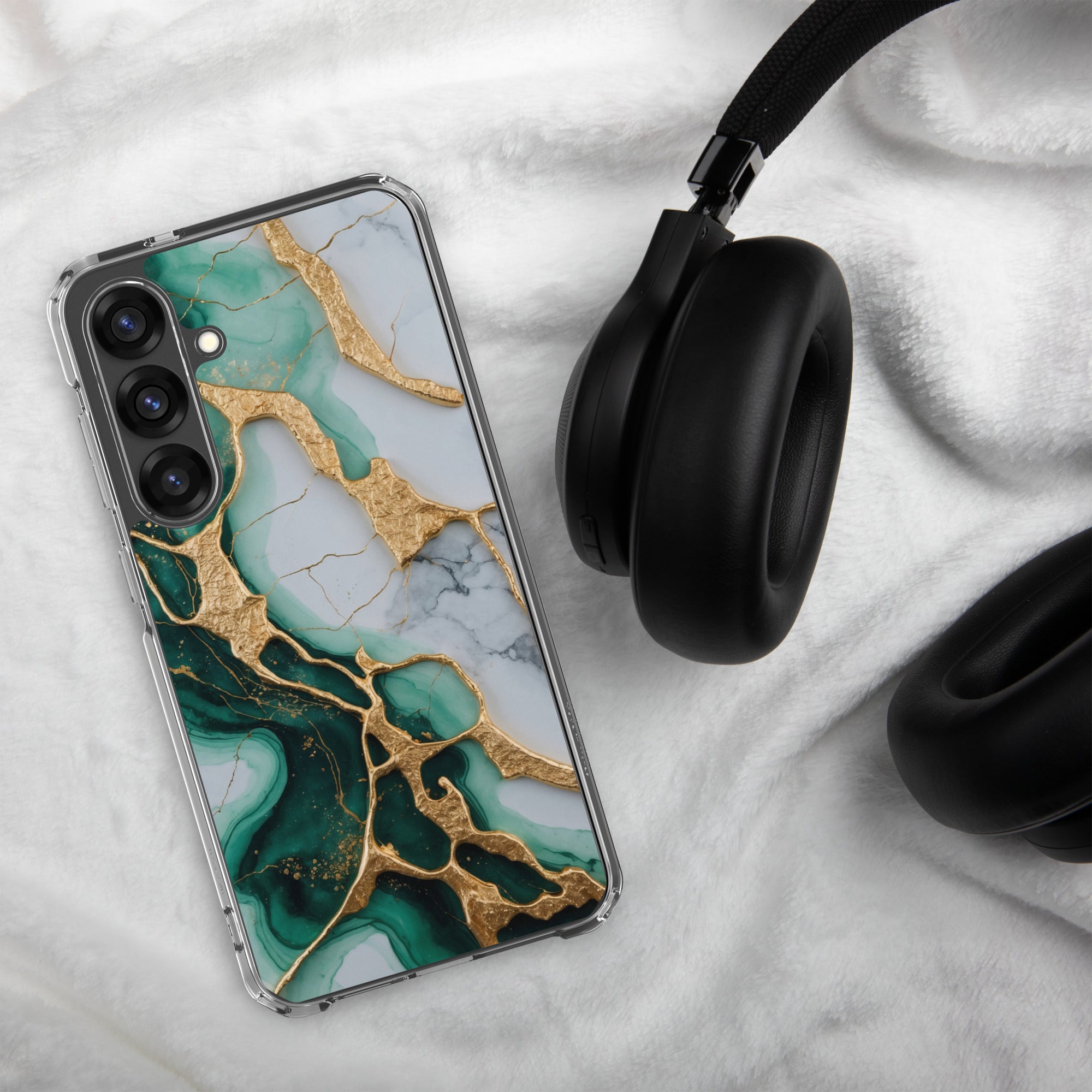Emerald Green Marble Gold Veins Clear Case for Samsung Galaxy S25 Plus – Luxury Stone Protective Cover