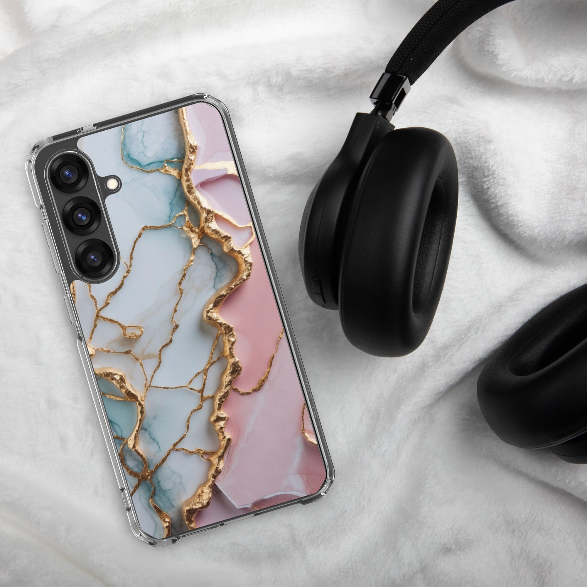 Pastel Marble Gold Clear Case for Samsung Galaxy S25 Plus – Elegant Abstract Protective Cover