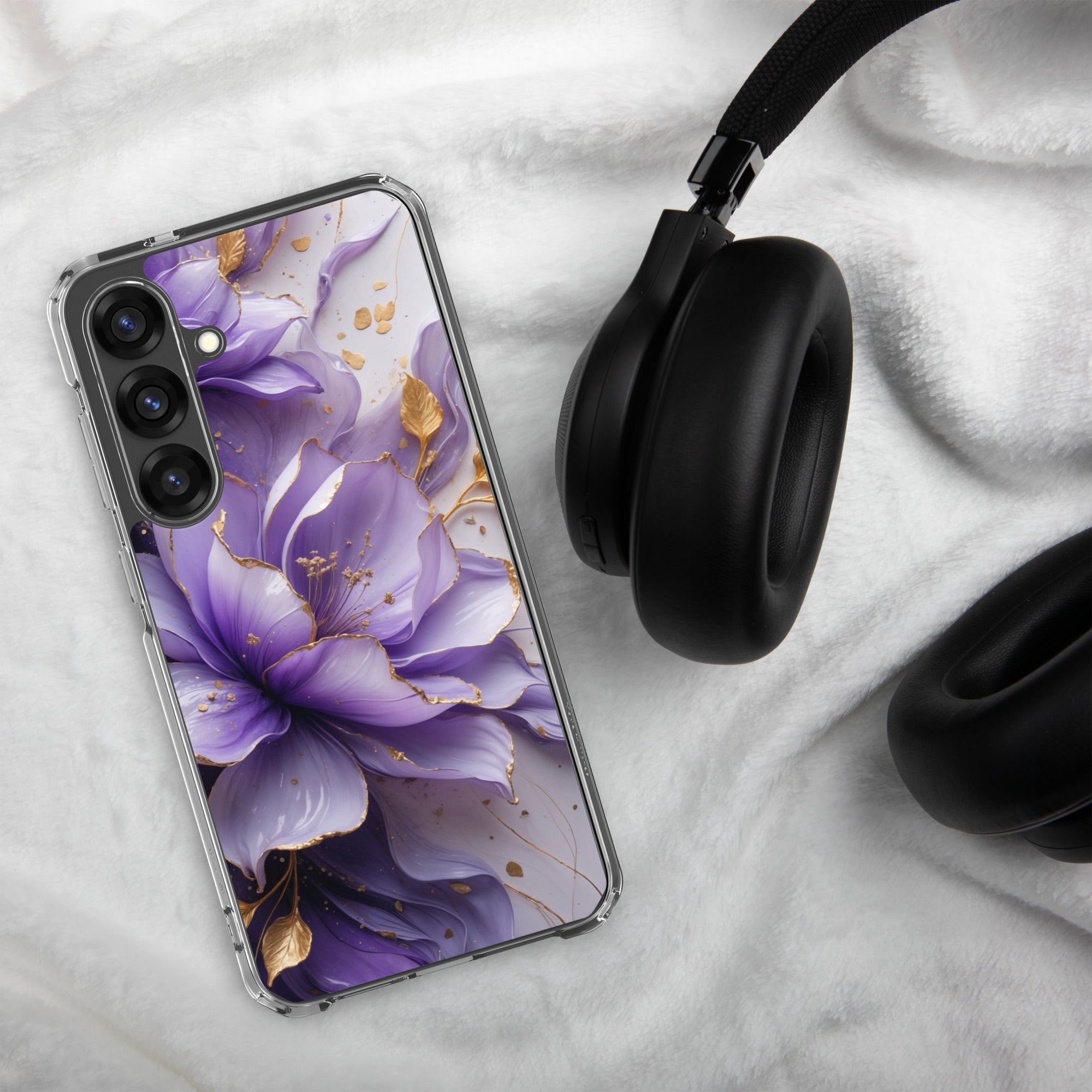 Purple Floral Gold Clear Case for Samsung Galaxy S25 Plus – Elegant Flower Protective Cover