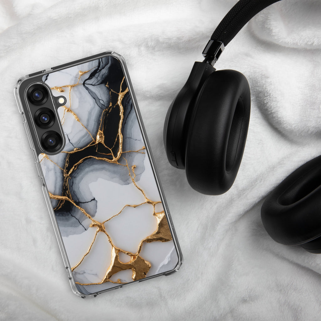 Black & White Marble Gold Clear Case for Samsung Galaxy S25 Plus – Elegant Marble Protective Cover