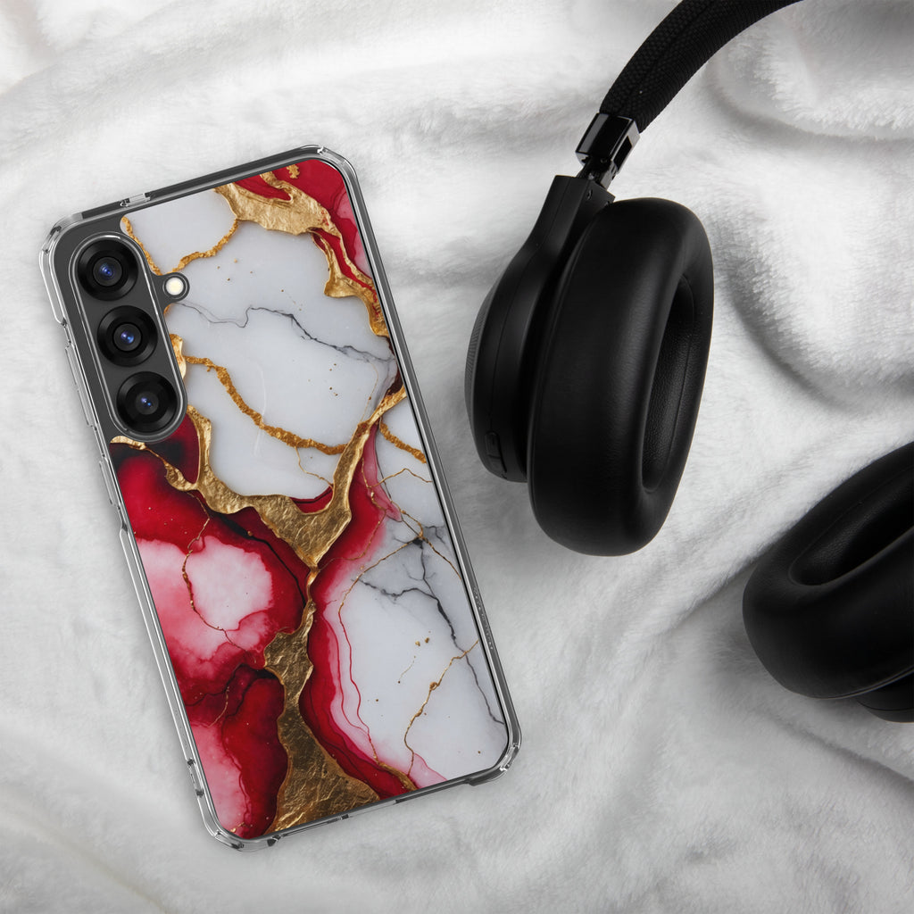 Red Marble Gold Veins Clear Case for Samsung Galaxy S25 Plus – Luxury Abstract Protective Cover