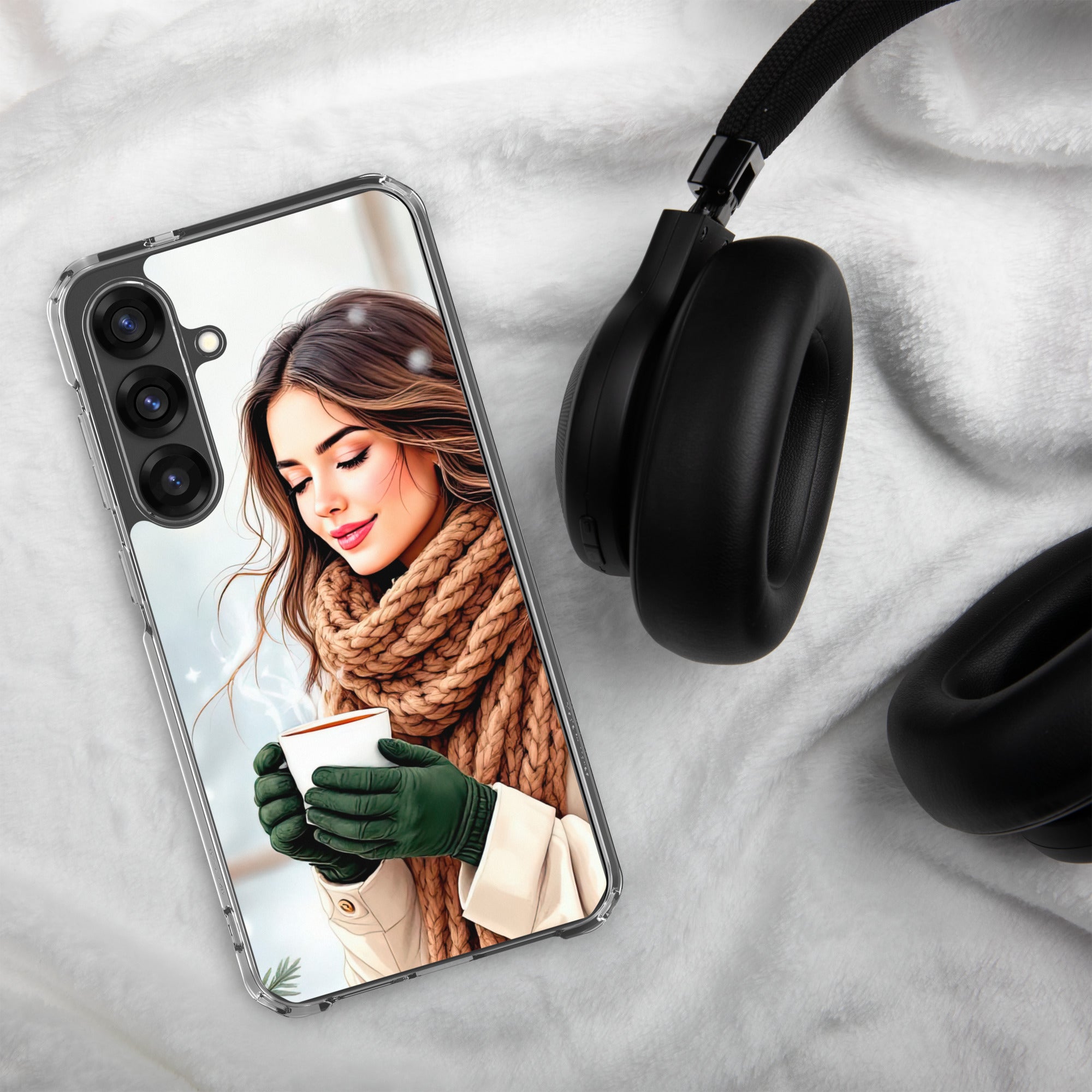 Winter Coffee Moment Clear Case for Samsung Galaxy S25 Plus – Cozy Portrait Protective Cover