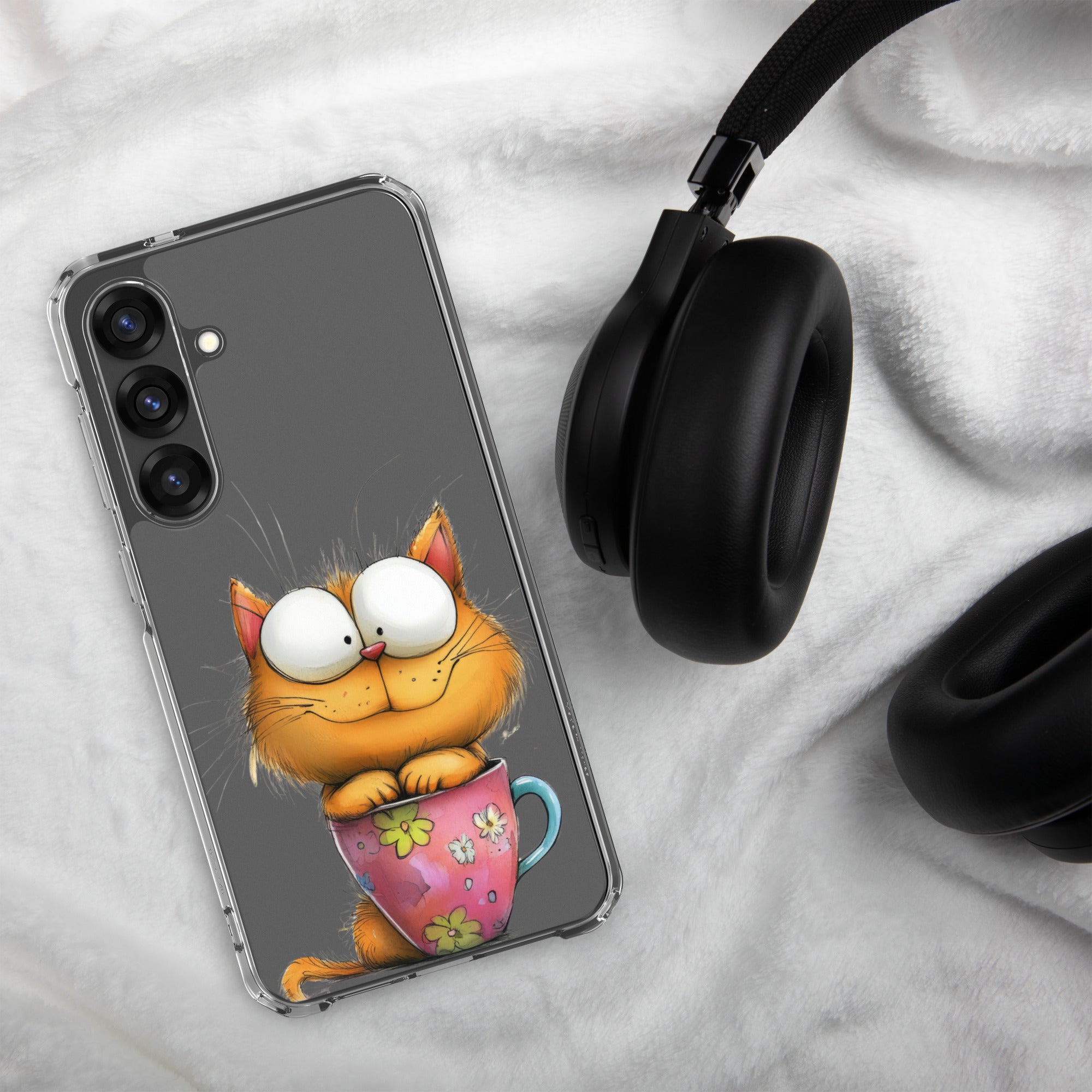 Cute Cat in a Cup Clear Case for Samsung Galaxy S25 Plus – Playful Illustrated Protective Cover