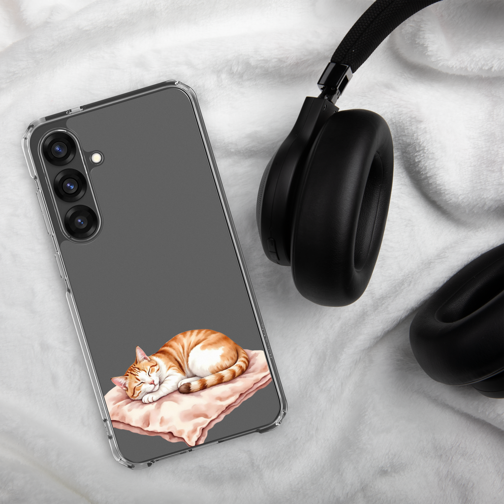 Sleeping Ginger Cat Clear Case for Samsung Galaxy S25 Plus – Cozy Minimal Animal Protective Cover
