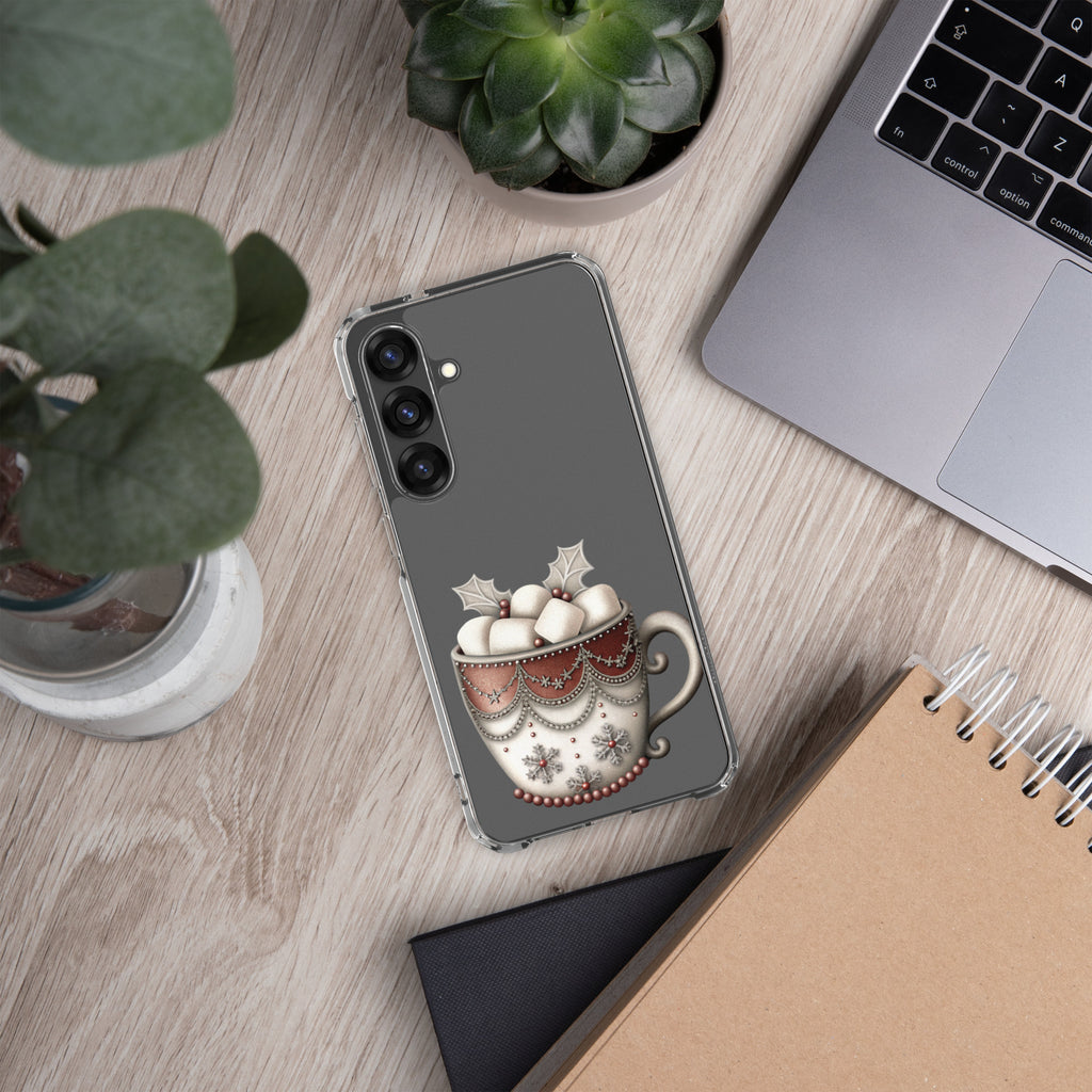 Festive Winter Mug Clear Case for Samsung Galaxy S25 Plus – Cozy Holiday Hot Cocoa Protective Cover
