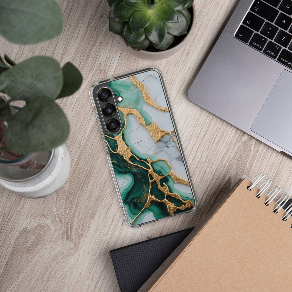 Emerald Green Marble Gold Veins Clear Case for Samsung Galaxy S25 Plus – Luxury Stone Protective Cover