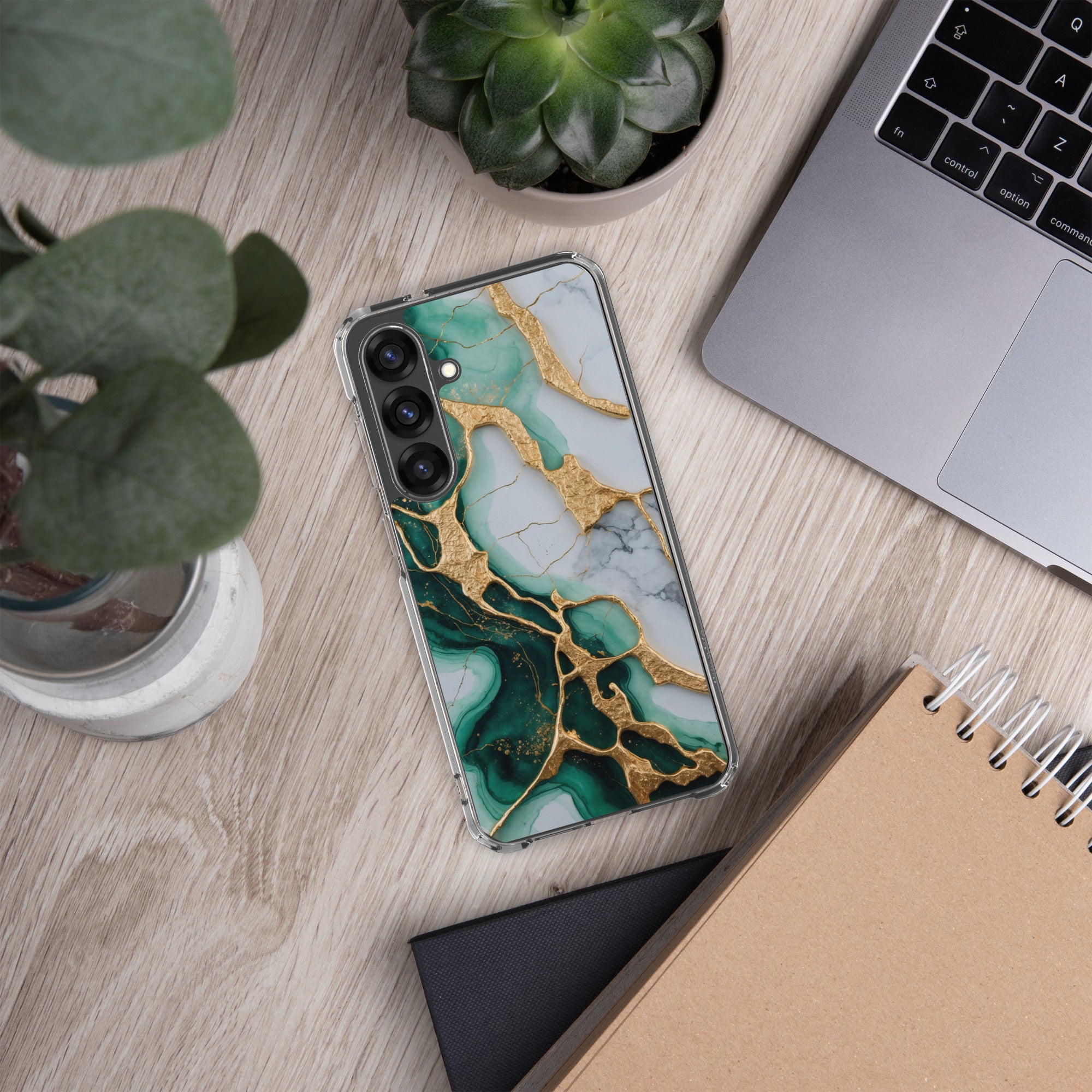 Emerald Green Marble Gold Veins Clear Case for Samsung Galaxy S25 Plus – Luxury Stone Protective Cover
