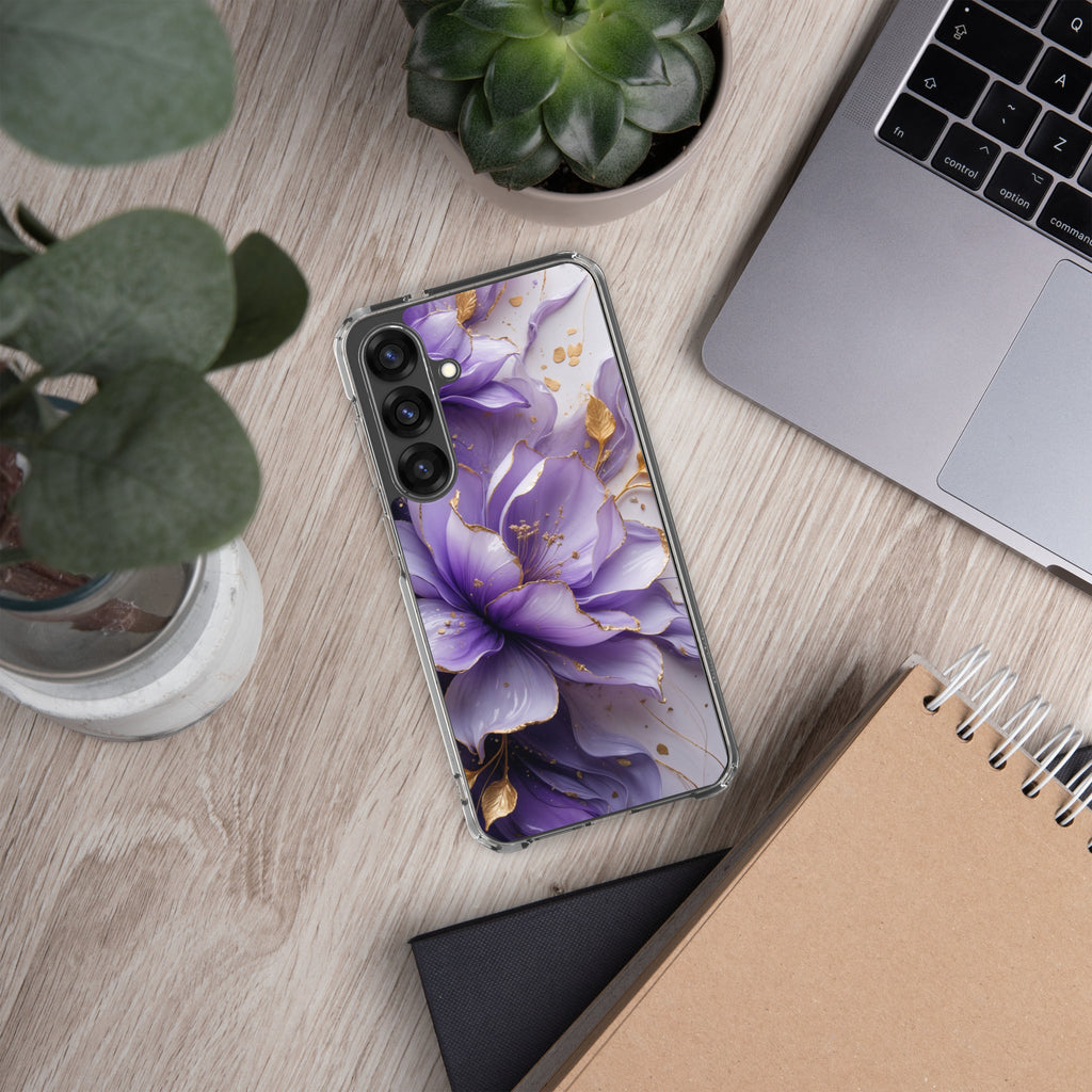Purple Floral Gold Clear Case for Samsung Galaxy S25 Plus – Elegant Flower Protective Cover