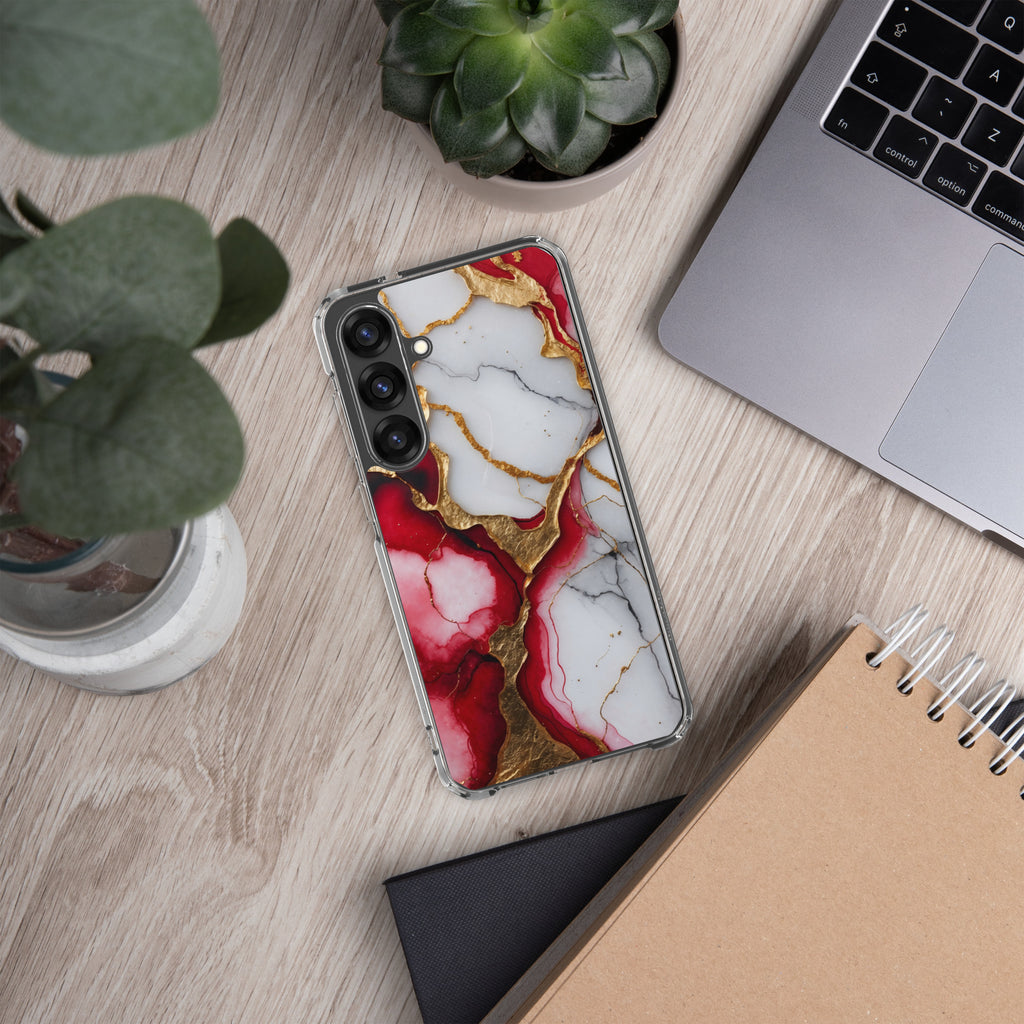 Red Marble Gold Veins Clear Case for Samsung Galaxy S25 Plus – Luxury Abstract Protective Cover