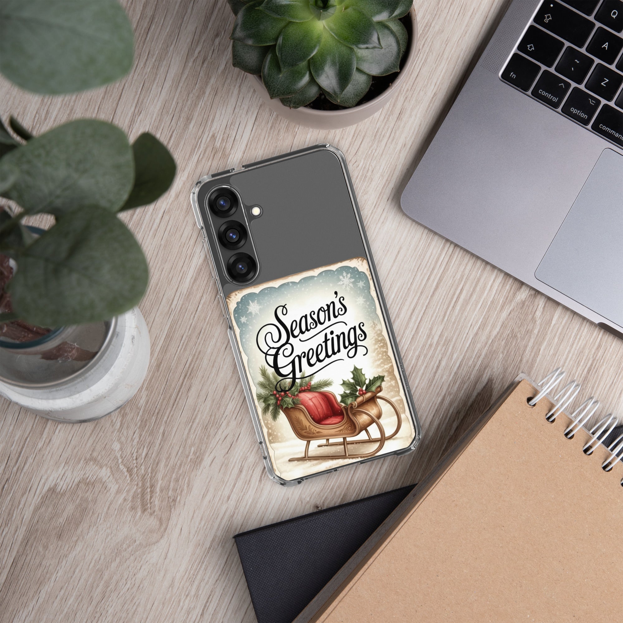 Season’s Greetings Sleigh Clear Case for Samsung Galaxy S25 Plus – Vintage Christmas Protective Cover