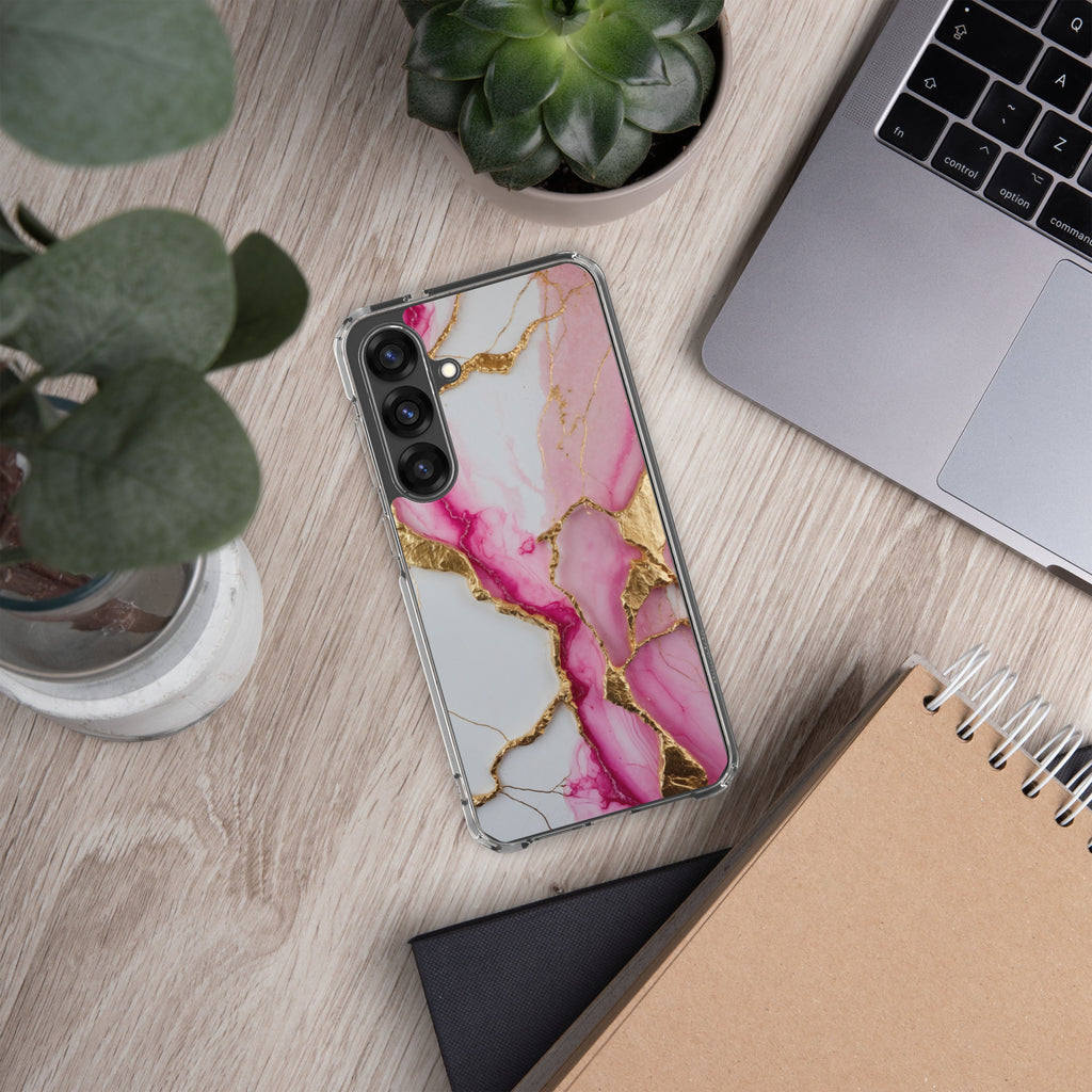 Pink Marble Gold Veins Clear Case for Samsung Galaxy S25 Plus – Elegant Stone Protective Cover