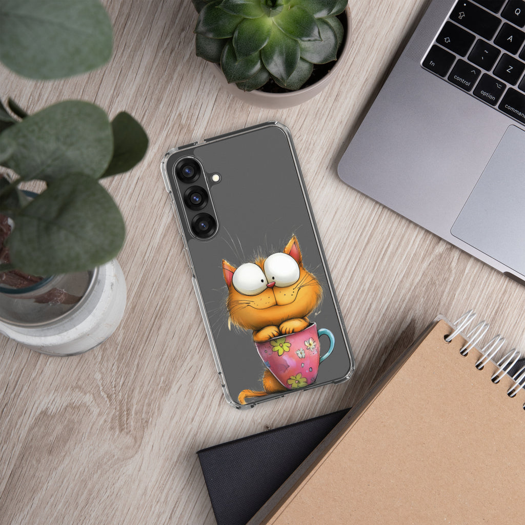 Cute Cat in a Cup Clear Case for Samsung Galaxy S25 Plus – Playful Illustrated Protective Cover