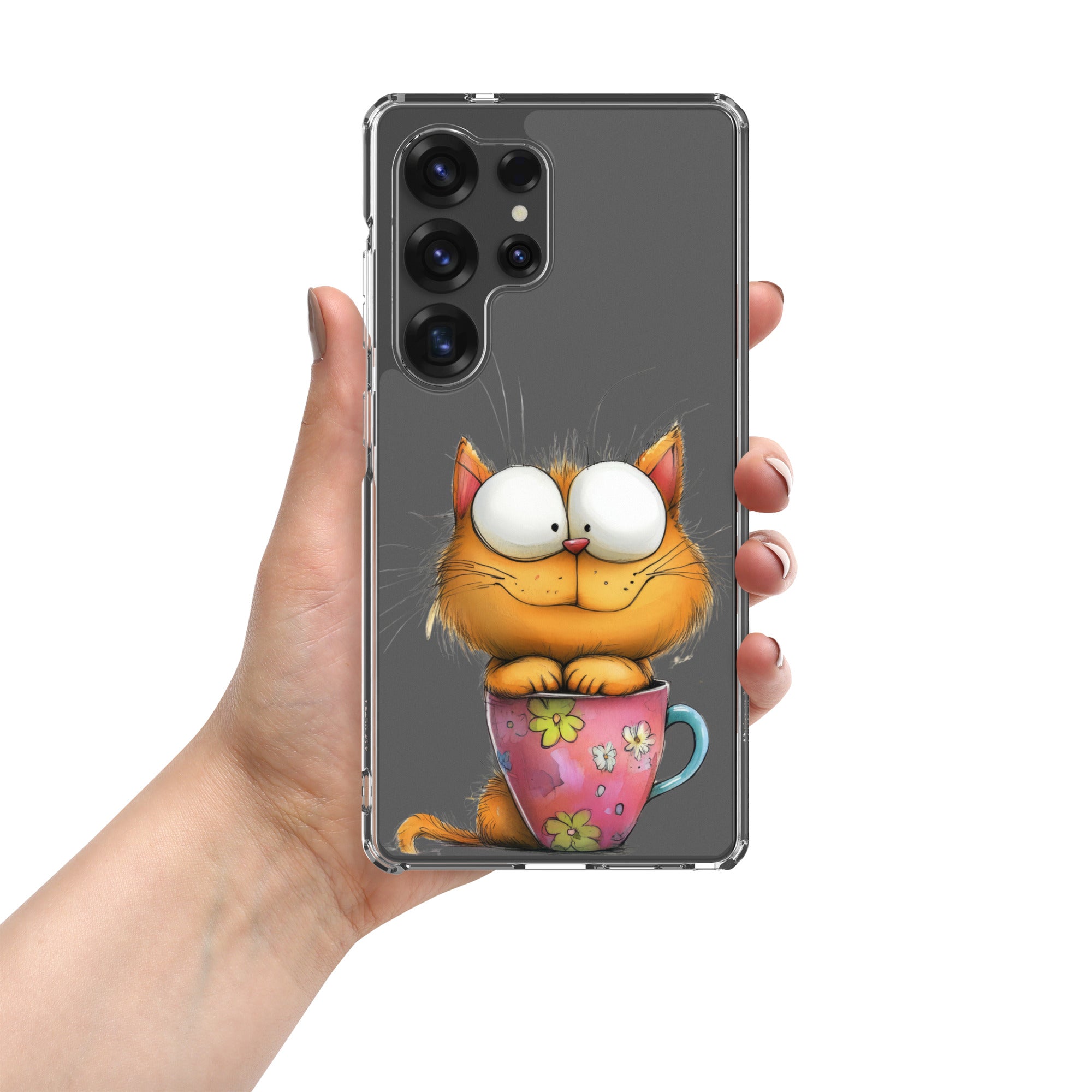 Cute Cat in a Cup Clear Case for Samsung Galaxy S25 Ultra – Playful Illustrated Protective Cover